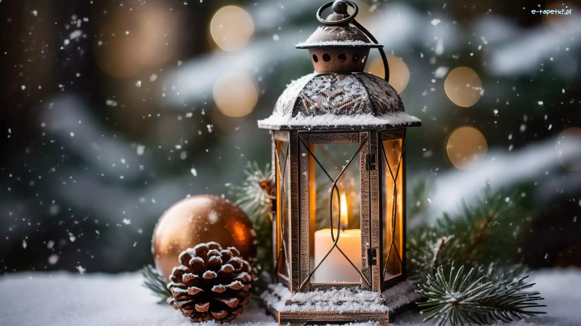 Śnieg, Szyszka, Świerk, Kompozycja, Bombka, Lampion