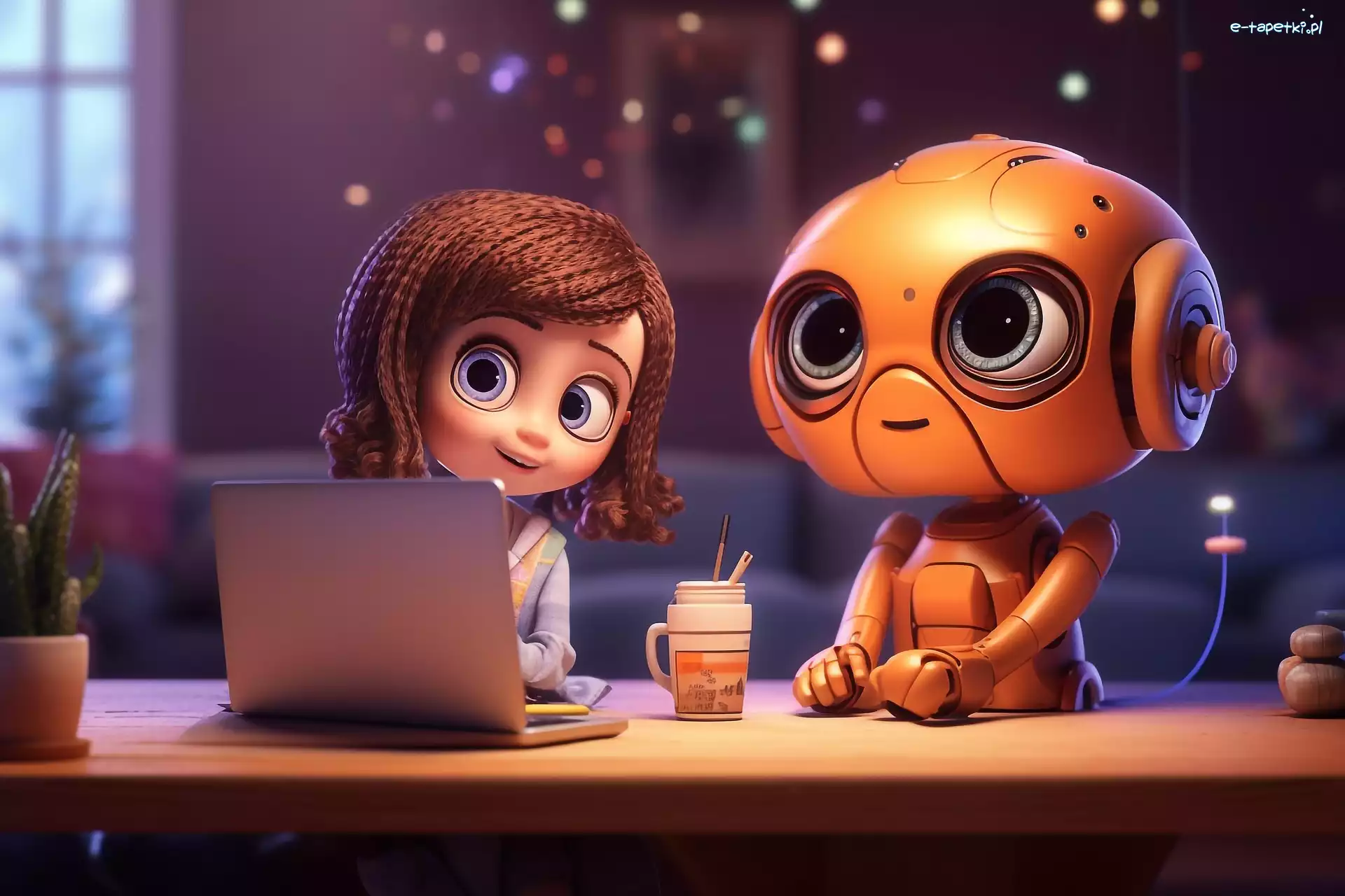 Okno, Dziewczynka, Grafika, Robot, Pokój, Biurko, Laptop, Dziecko