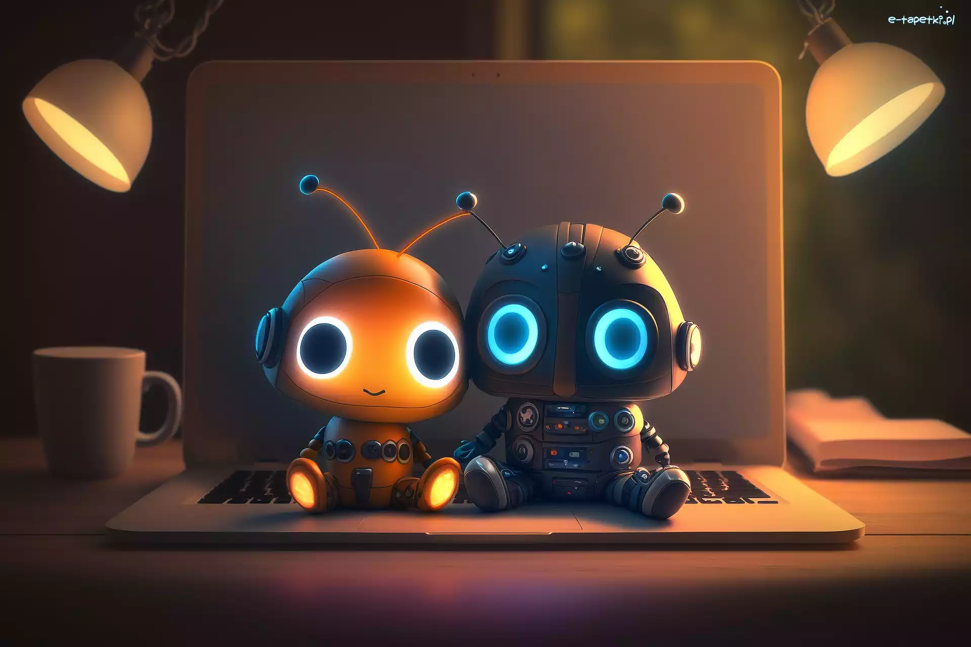 Lampy, Roboty, Grafika, Książki, Biurko, Laptop, Kubek, Dwa