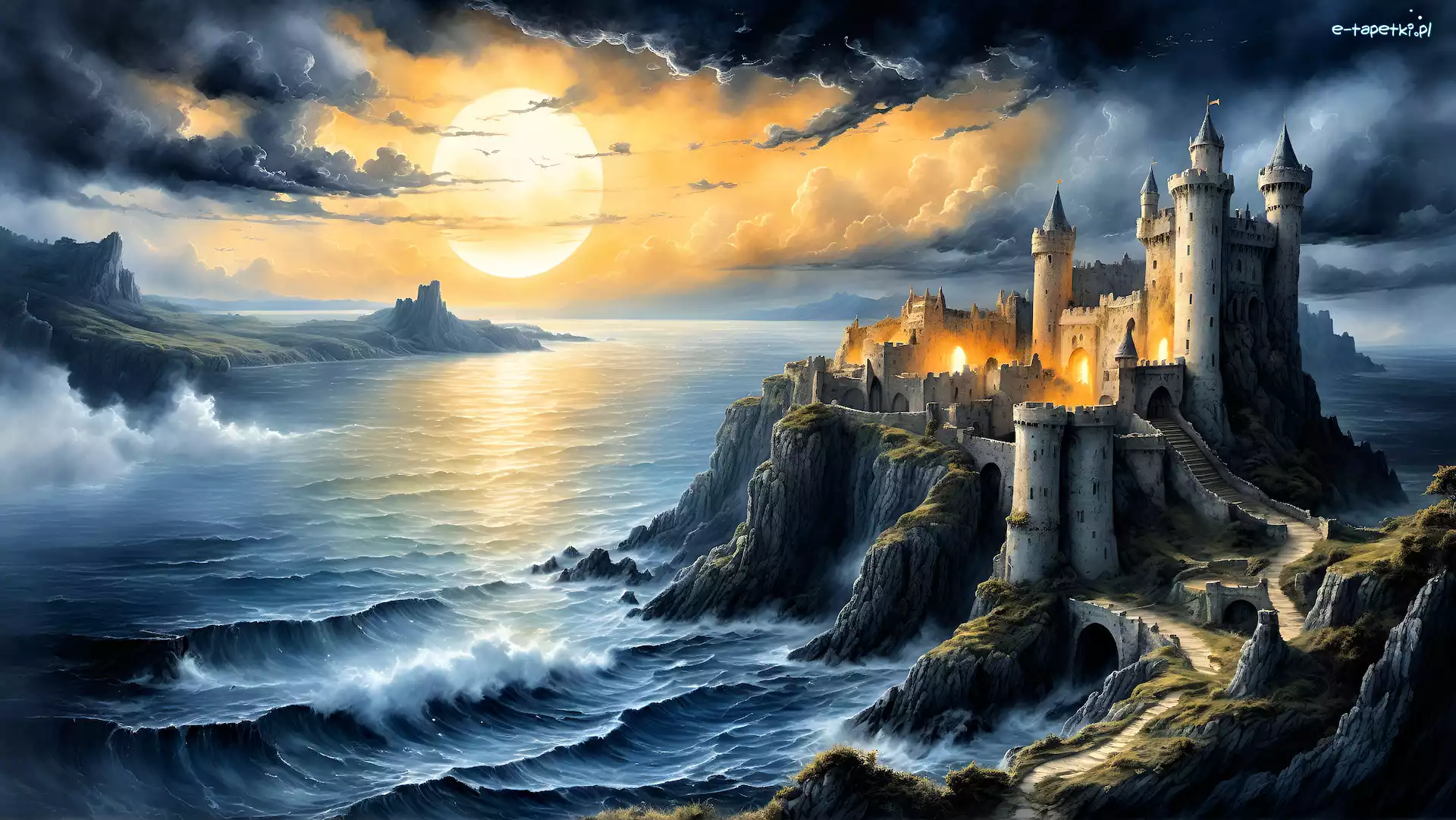 Fantasy, Skały, Zamek, Morze, Grafika, Chmury, Słońce