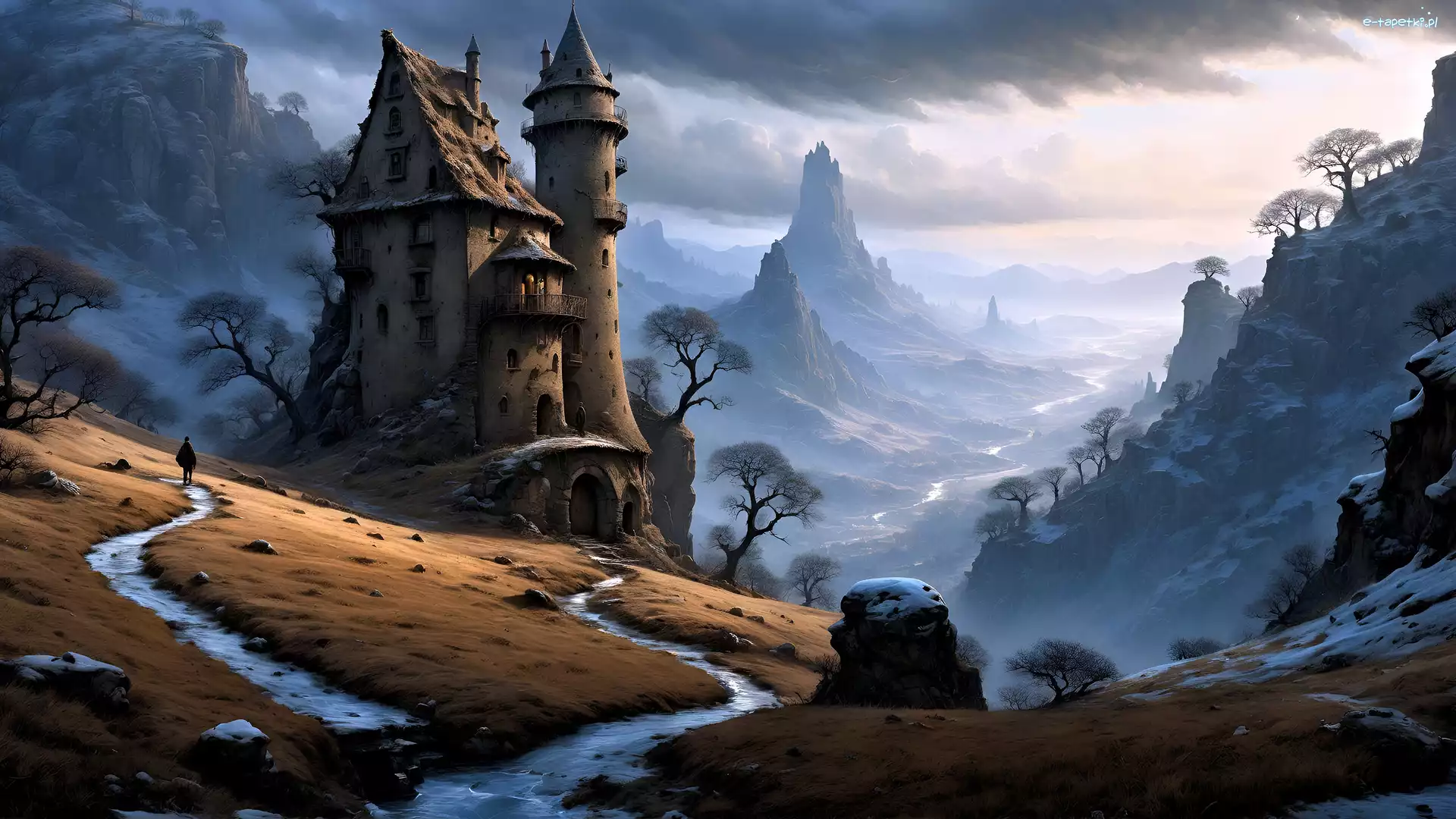 Śnieg, Skały, Droga, Wieża, Dom, Fantasy, Niebo, Góry, Drzewa
