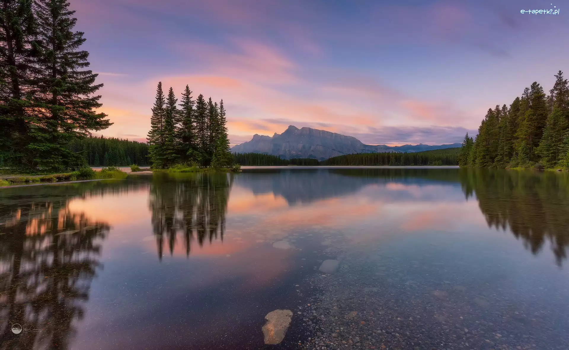 Drzewa, Two Jack Lake, Mount Rundle, Góra, Góry, Kanada, Alberta, Jezioro, Park Narodowy Banff
