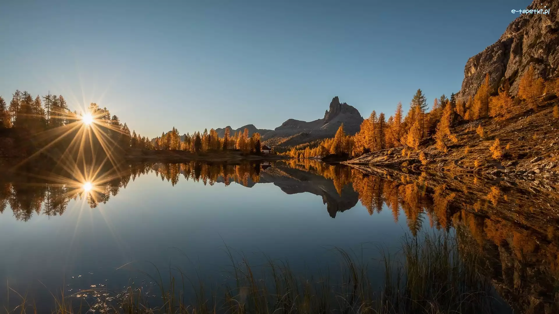 Drzewa, Promienie słońca, Włochy, Żółte, Dolomity, Jezioro, Lago Federa, Jesień, Góry, Modrzewie