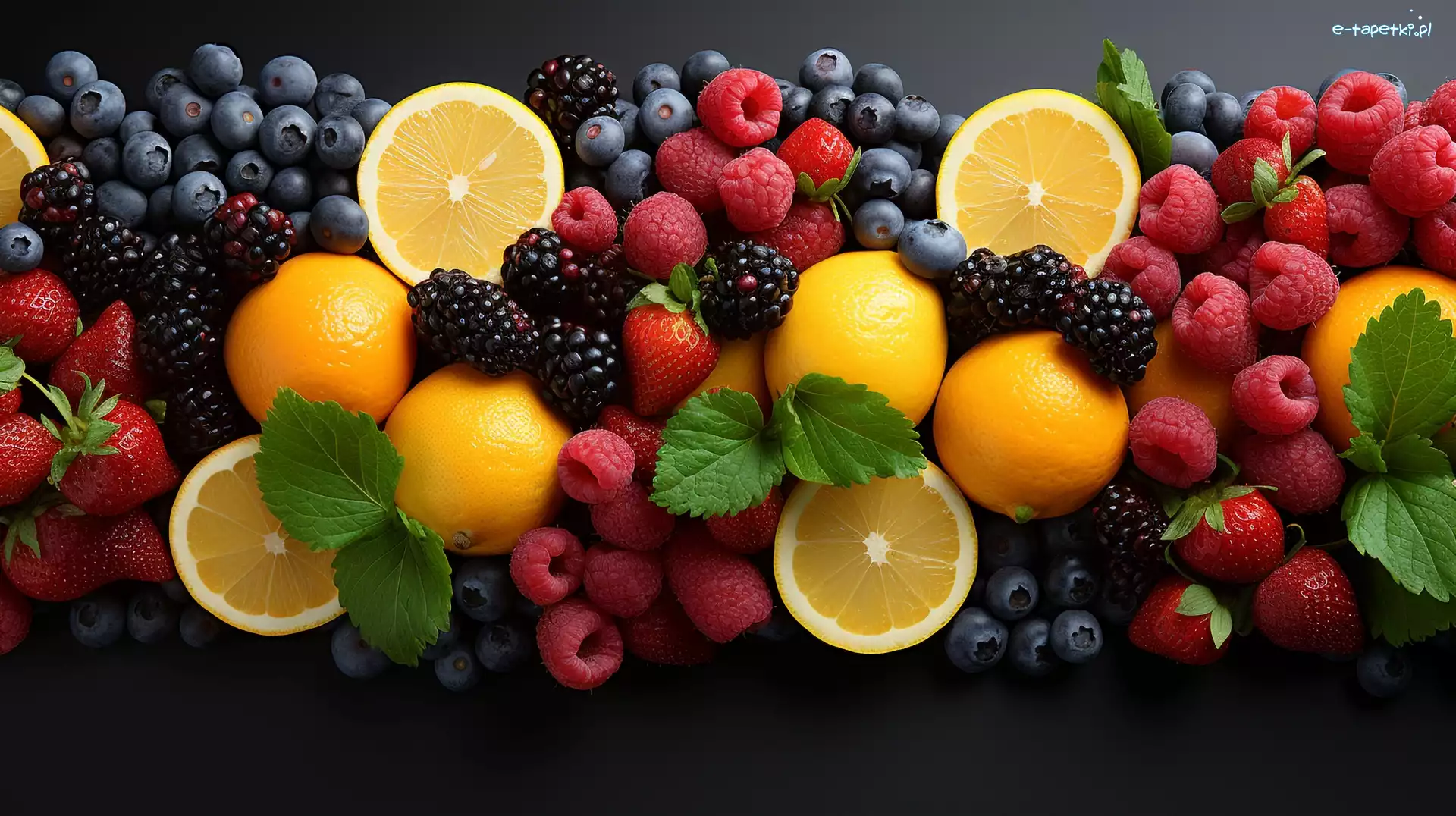 Maliny, Truskawki, Jagody, Pomarańcze, Owoce, Grafika, Mięty, Jeżyny, Listki