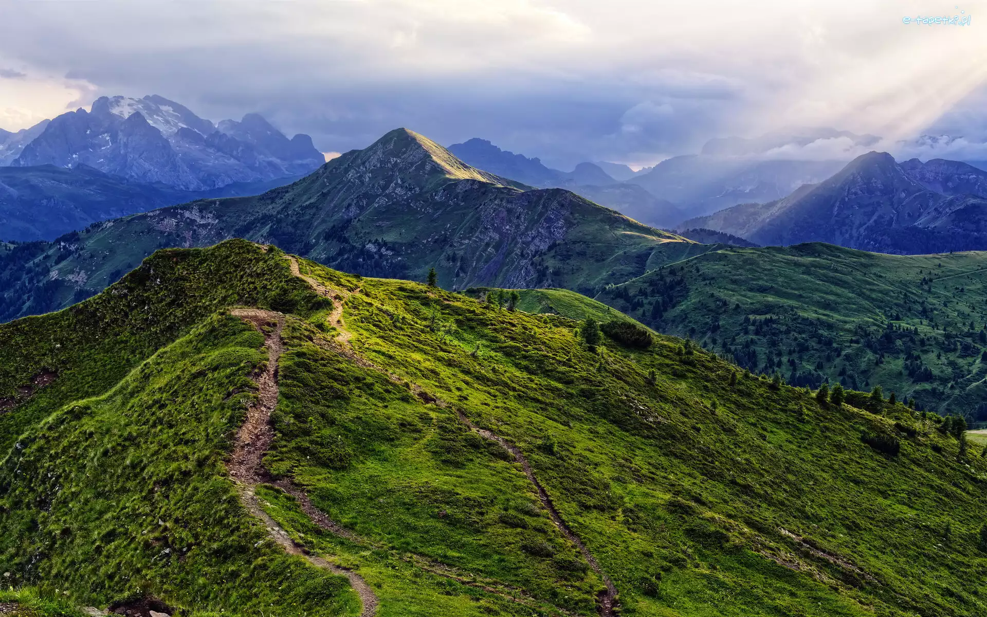 Passo di Giau, Dolomity, Włochy, Prowincja Belluno, Przełęcz, Droga, Łąka, Góry
