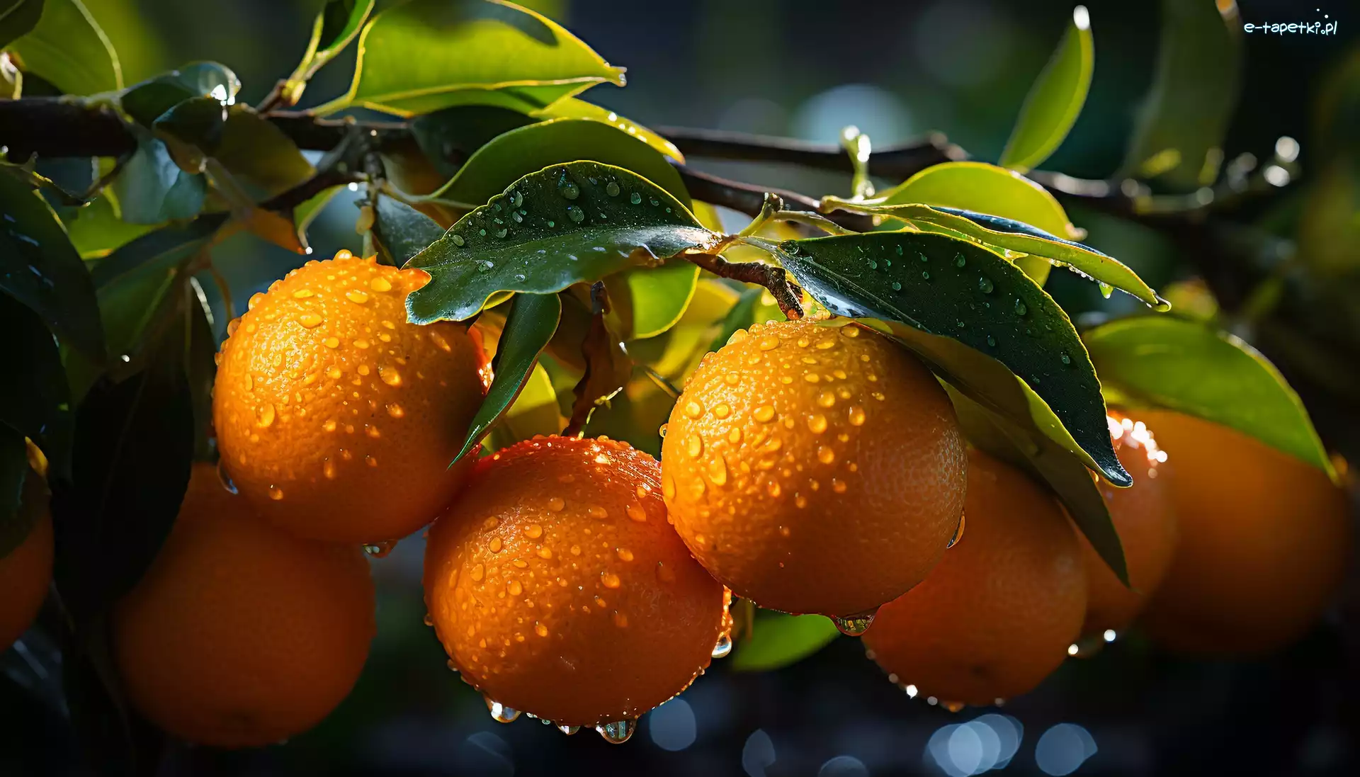 Pomarańcze, Gałąź, Owoce, Krople, Liście