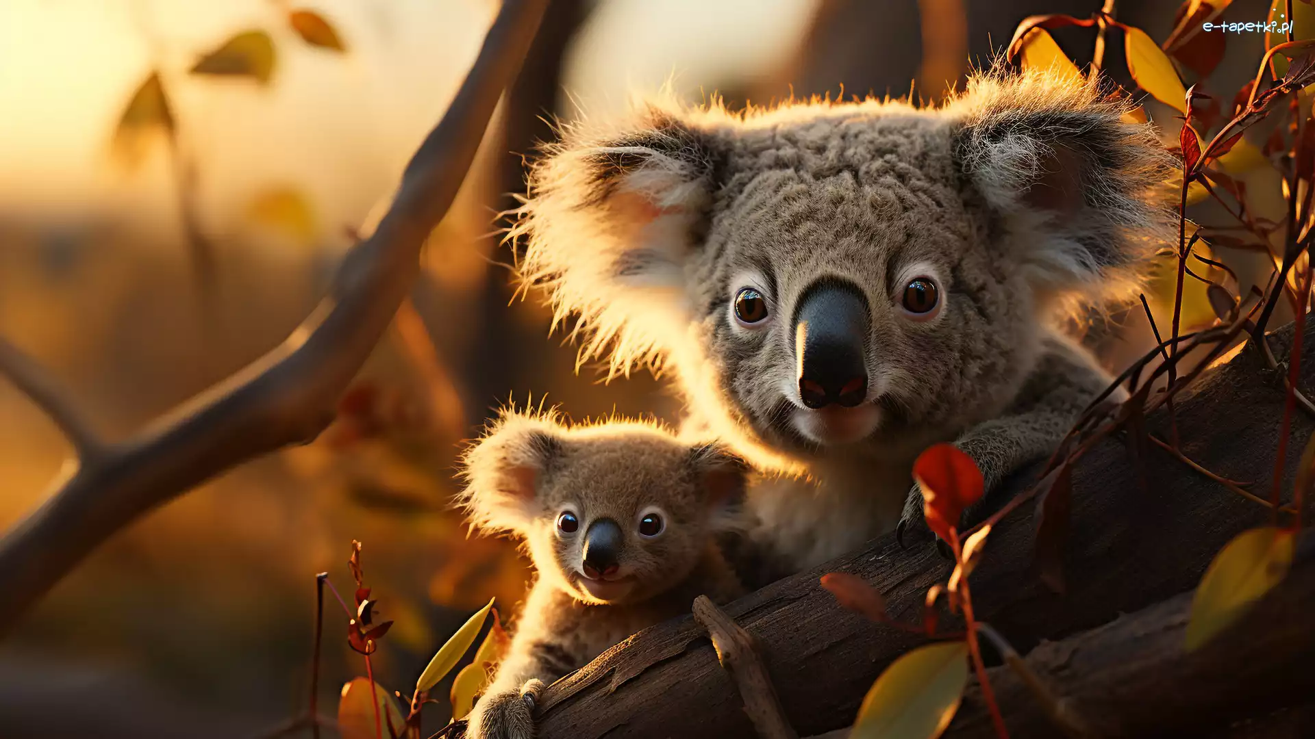 Drzewa, Dziecko, Konar, Gałązki, Mama, Koala