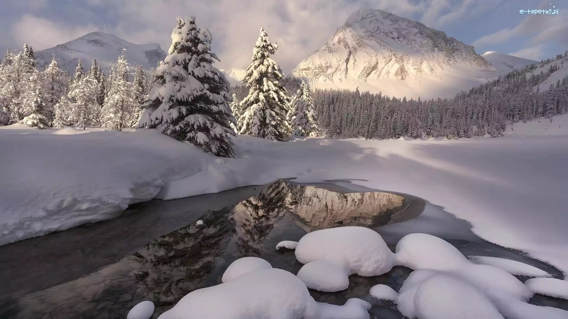 Zima, Góry, Śnieg, Rzeka, Canadian Rockies, Las, Drzewa, Kanada