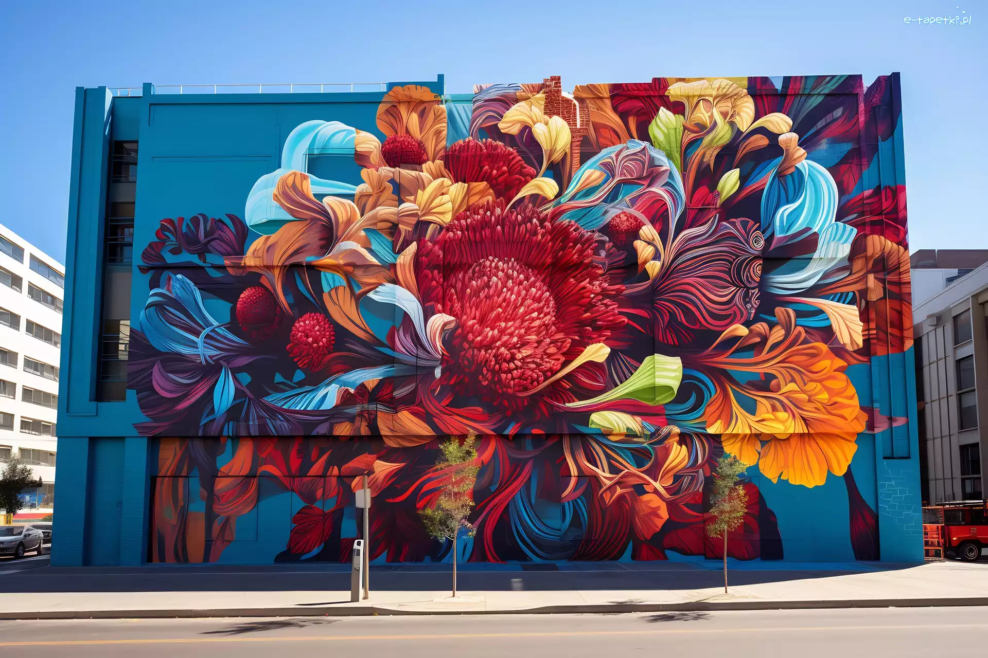 Ulica, Mural, Domy, Grafika, Kwiaty