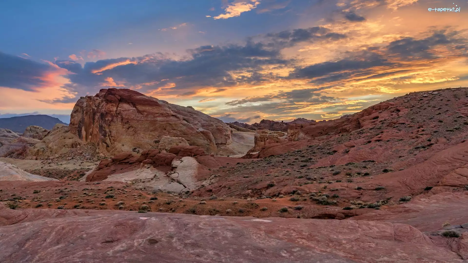 Stany Zjednoczone, Zachód słońca, Dolina Ognia, Piaskowce, Skały, Nevada, Valley of Fire