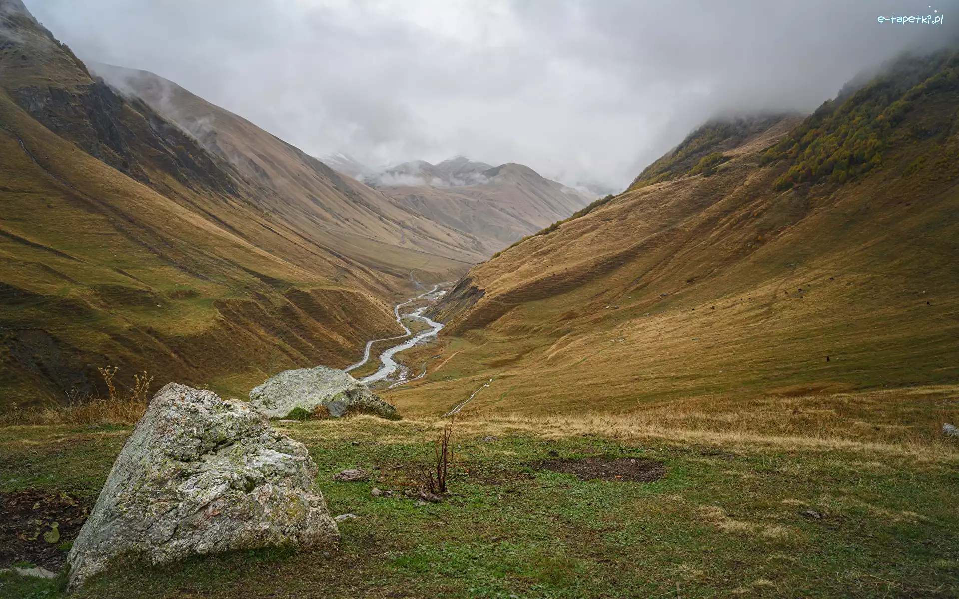 Wąwóz, Mgła, Enguri Valley, Ushguli, Gruzja, Trawa, Głazy, Góry, Rzeka