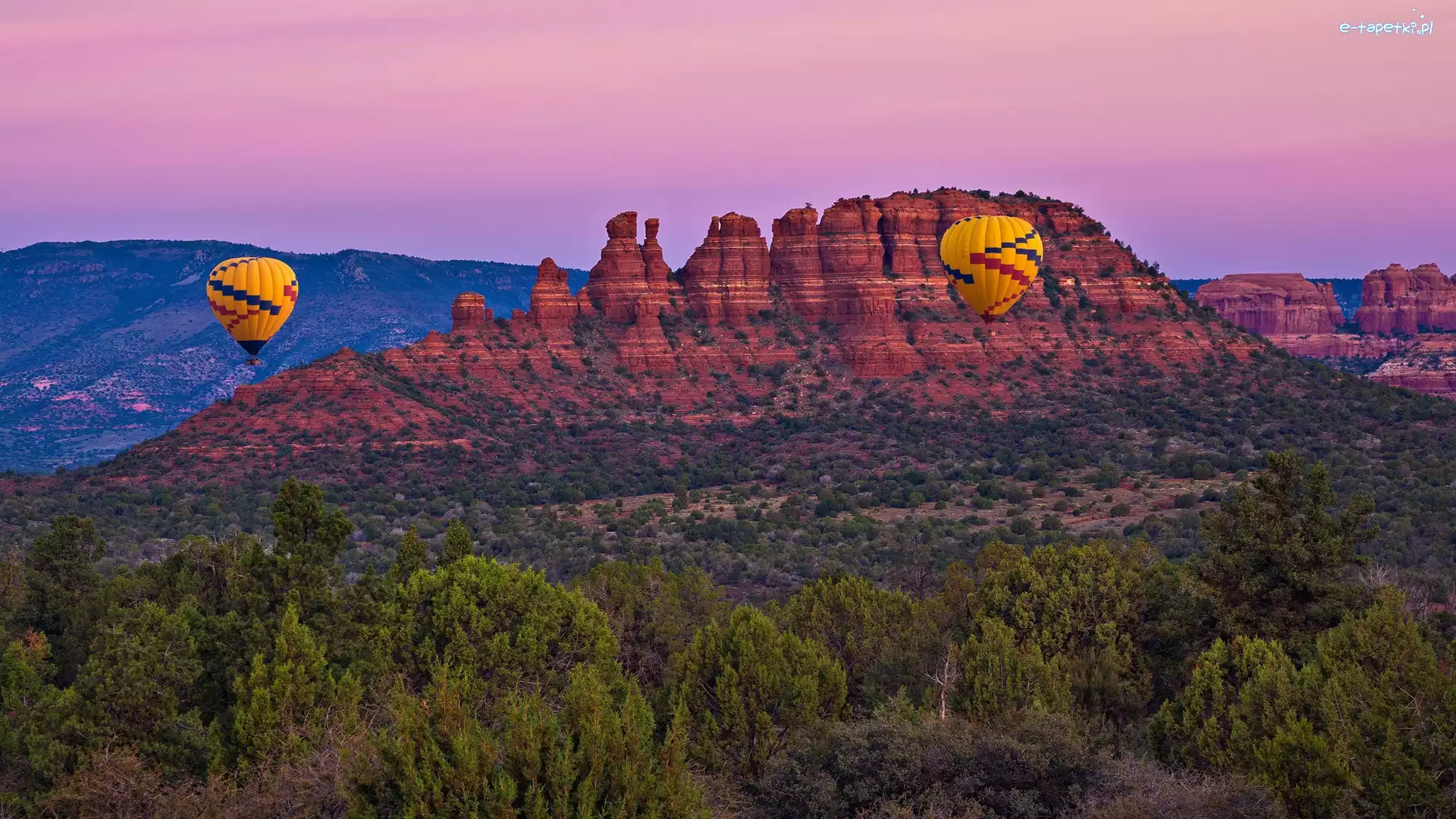 Stany Zjednoczone, Góry, Drzewa, Skały, Balony, Arizona, Sedona
