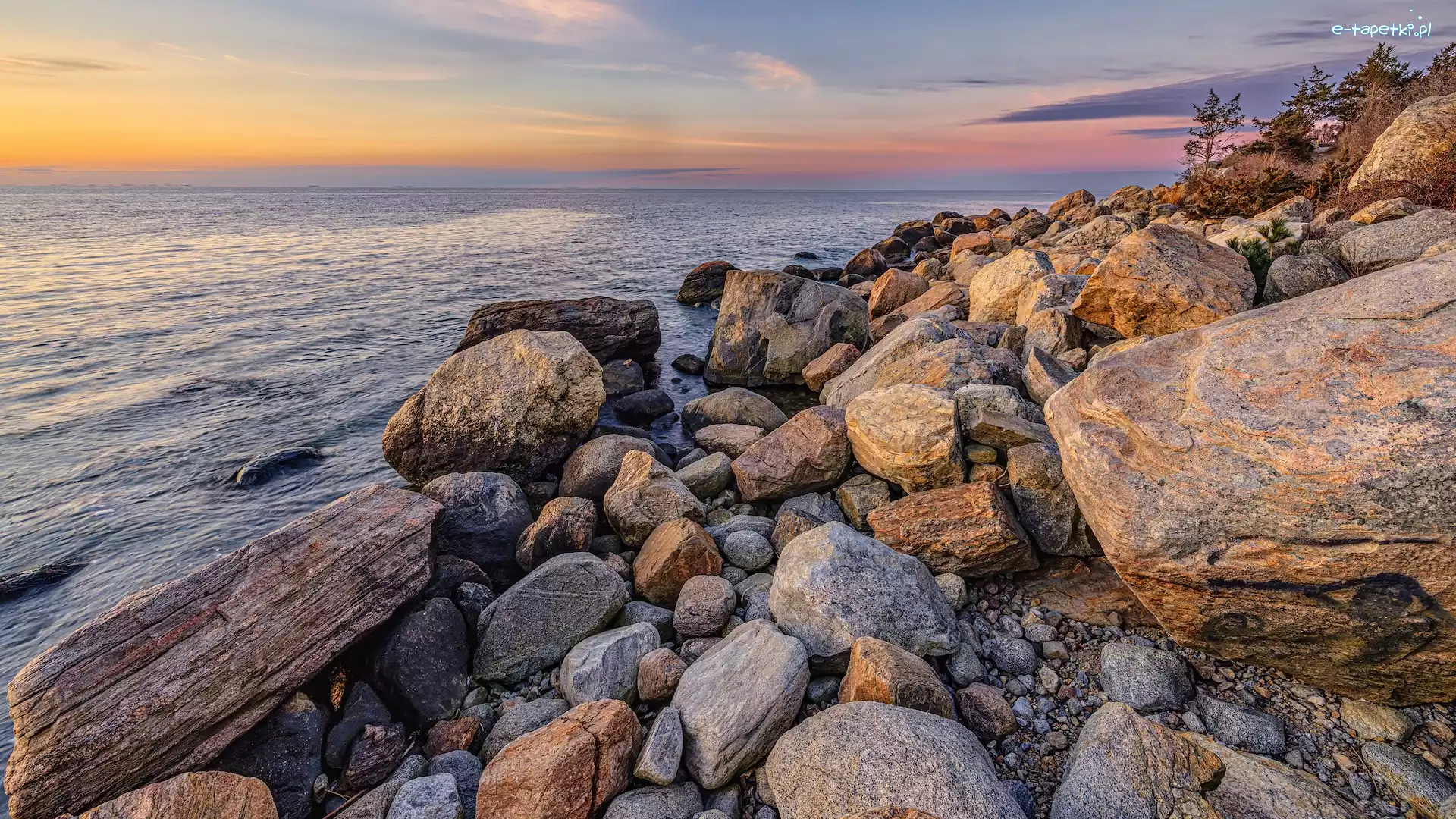 Głazy, Kamienie, Hammonasset Beach, Morze, Wschód słońca, Stany Zjednoczone, Connecticut, Plaża, Madison