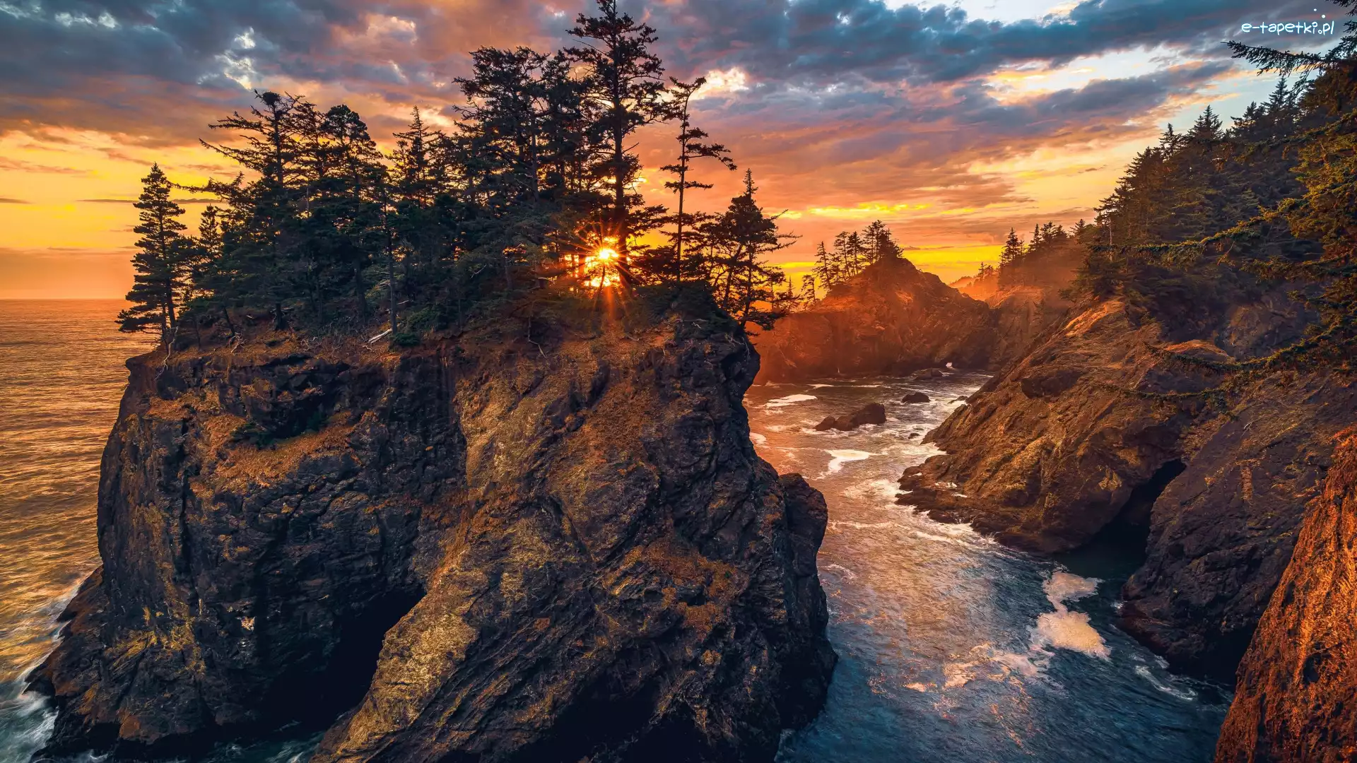 Samuel H Boardman State Scenic Corridor, Morze, Stany Zjednoczone, Park stanowy, Wysokie, Skały, Drzewa, Zachód słońca, Wysepki, Oregon
