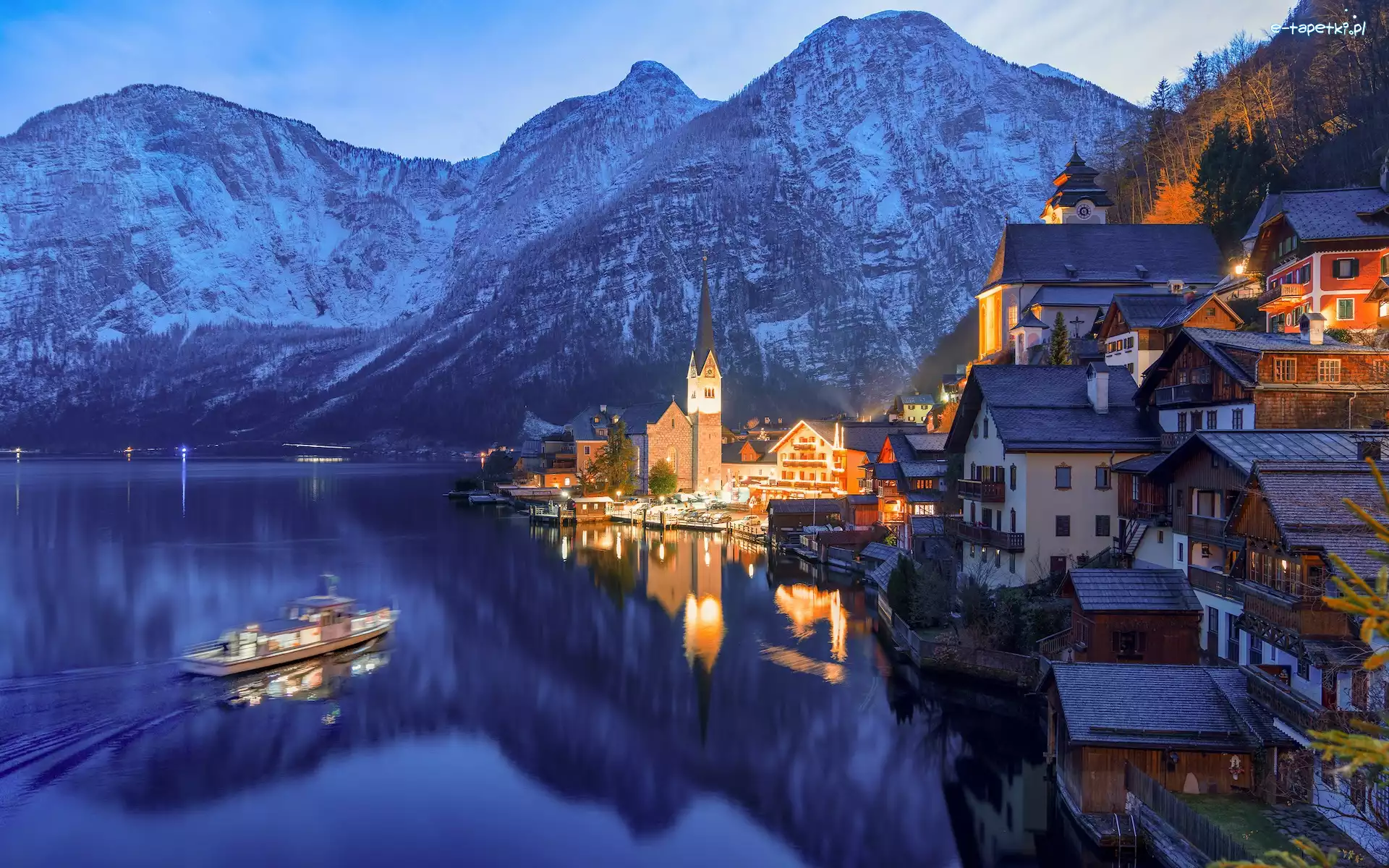Kościół, Góry, Jezioro, Hallstatt, Austria, Domy, Hallstattersee