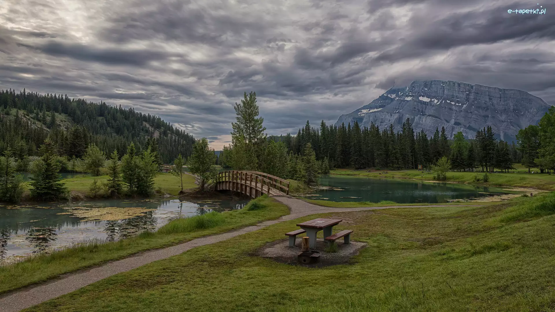 Mostek, Staw, Mount Rundle, Góra, Góry, Kanada, Alberta, Drzewa, Park Narodowy Banff