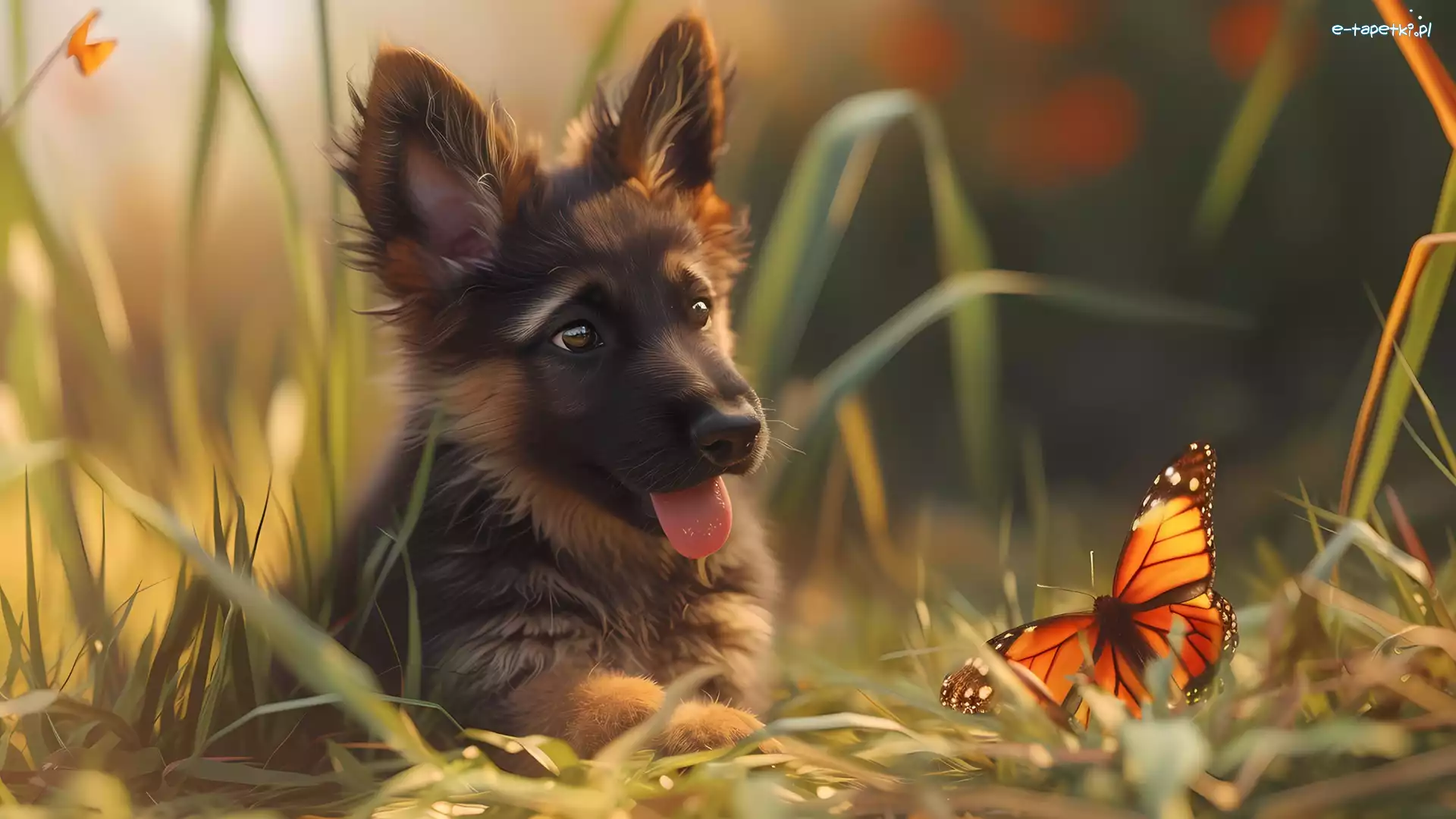 Motyl, Szczeniak, Trawa, Grafika, Owczarek niemiecki, Pies