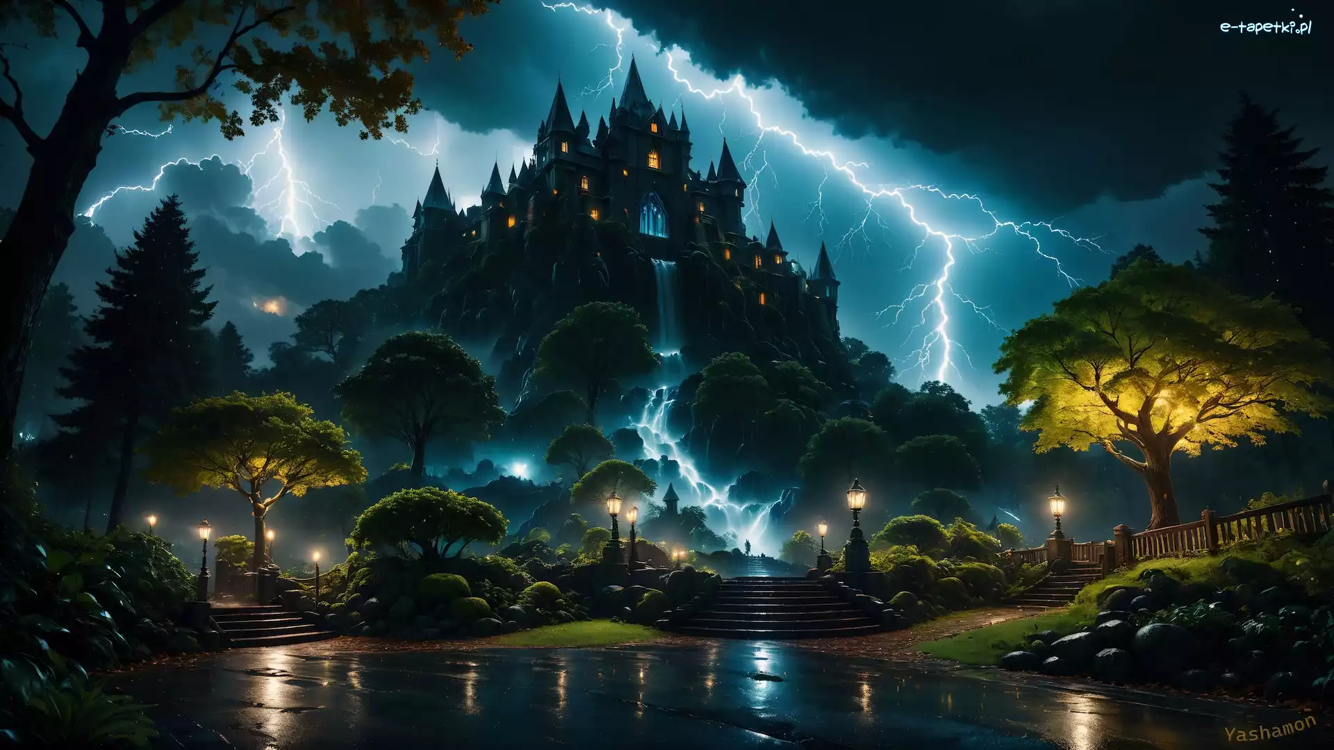 Noc, Zamek, Pioruny, Fantasy, Wzgórze, Błyskawice, Drzewa, Grafika