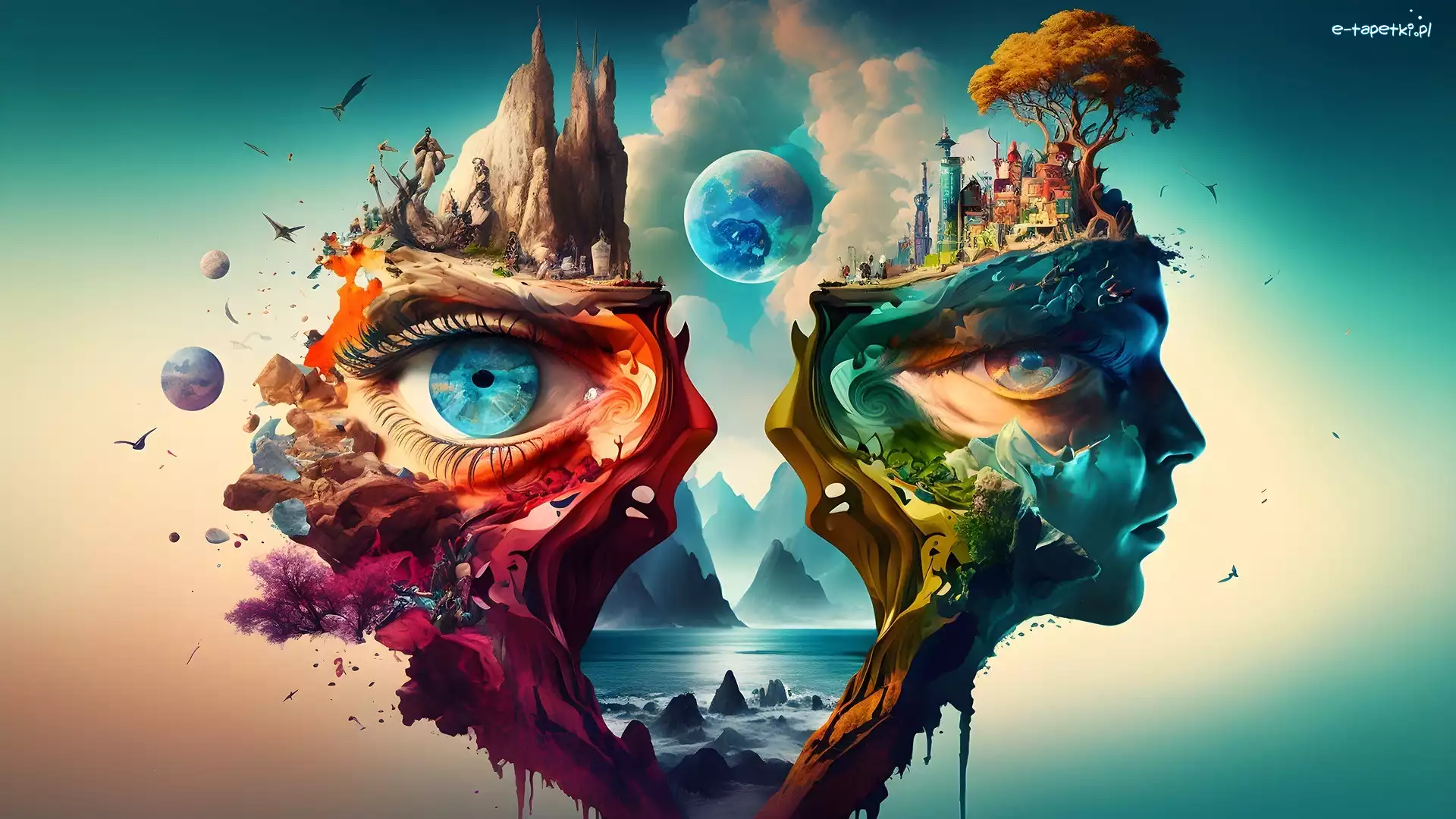 Domy, Góry, Oczy, Głowy, Fantasy, Surrealizm, Drzewo, Twarz, Księżyc