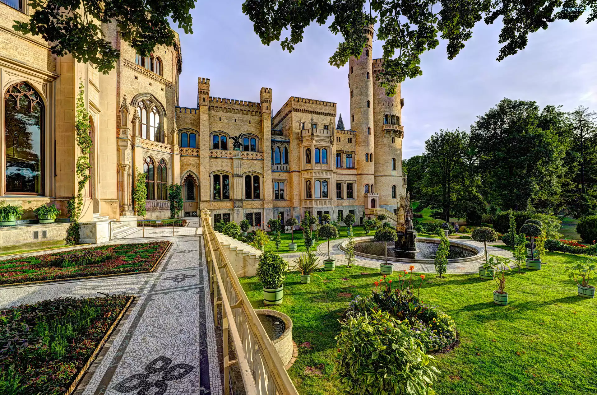 Ogród, Pałac Babelsberg, Park, Fontanna, Poczdam, Niemcy