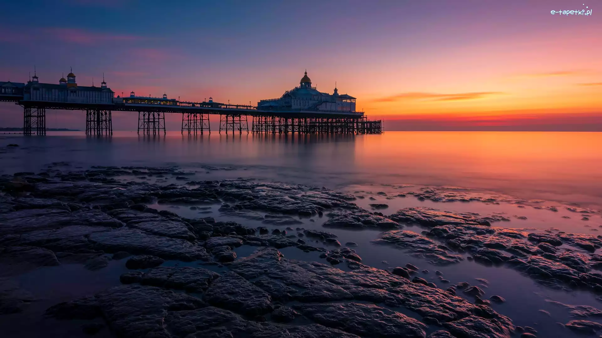 Eastbourne, Morze, Zachód słońca, Anglia, Eastbourne Pier, Molo