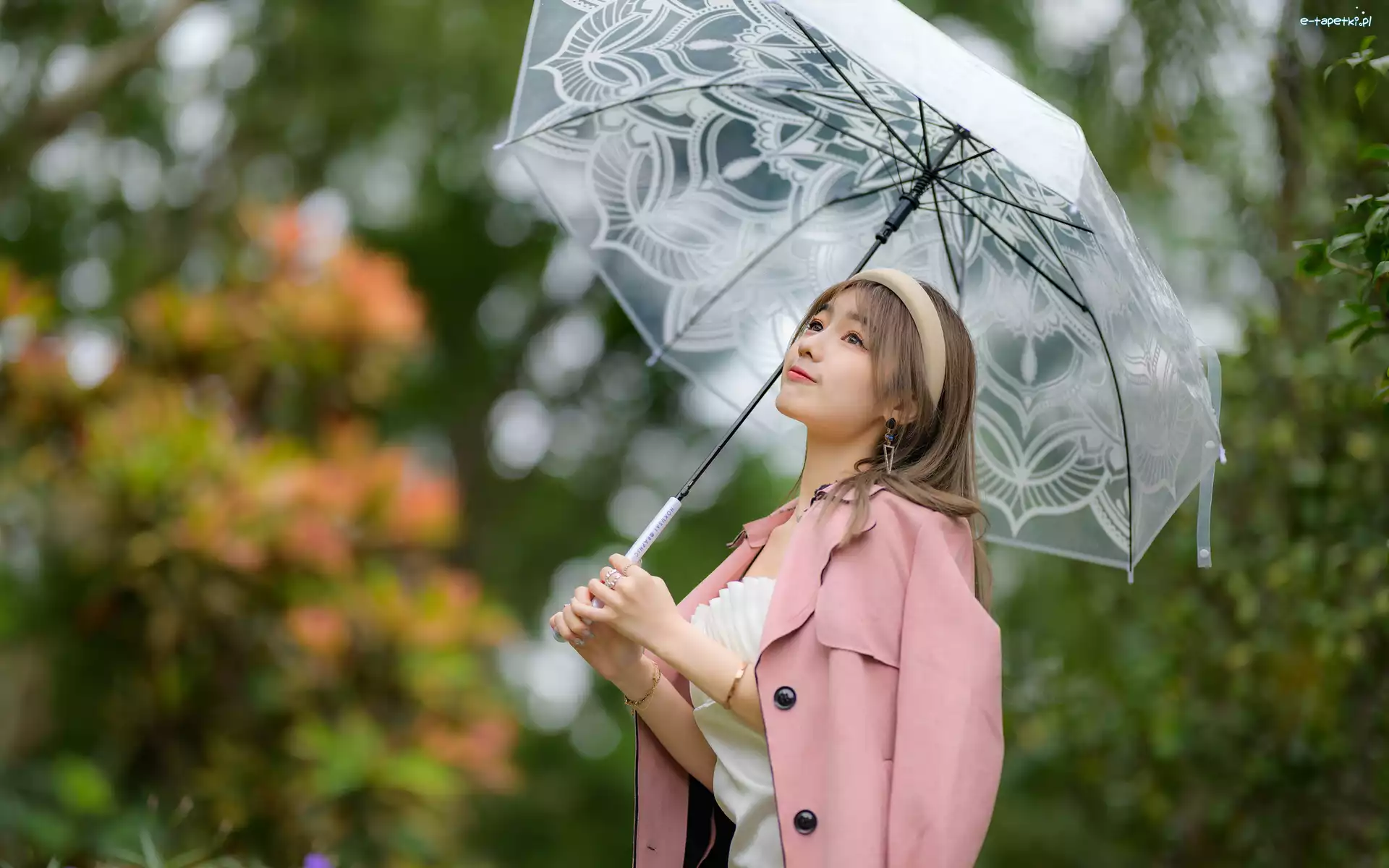 Kobieta, Opaska, Płaszcz, Drzewa, Parasol