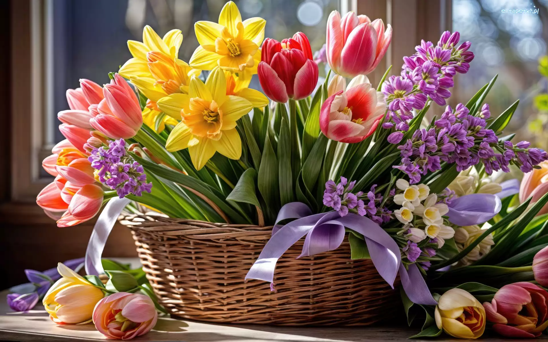 Kwiaty, Tulipany, Żonkile, Okno, Koszyk