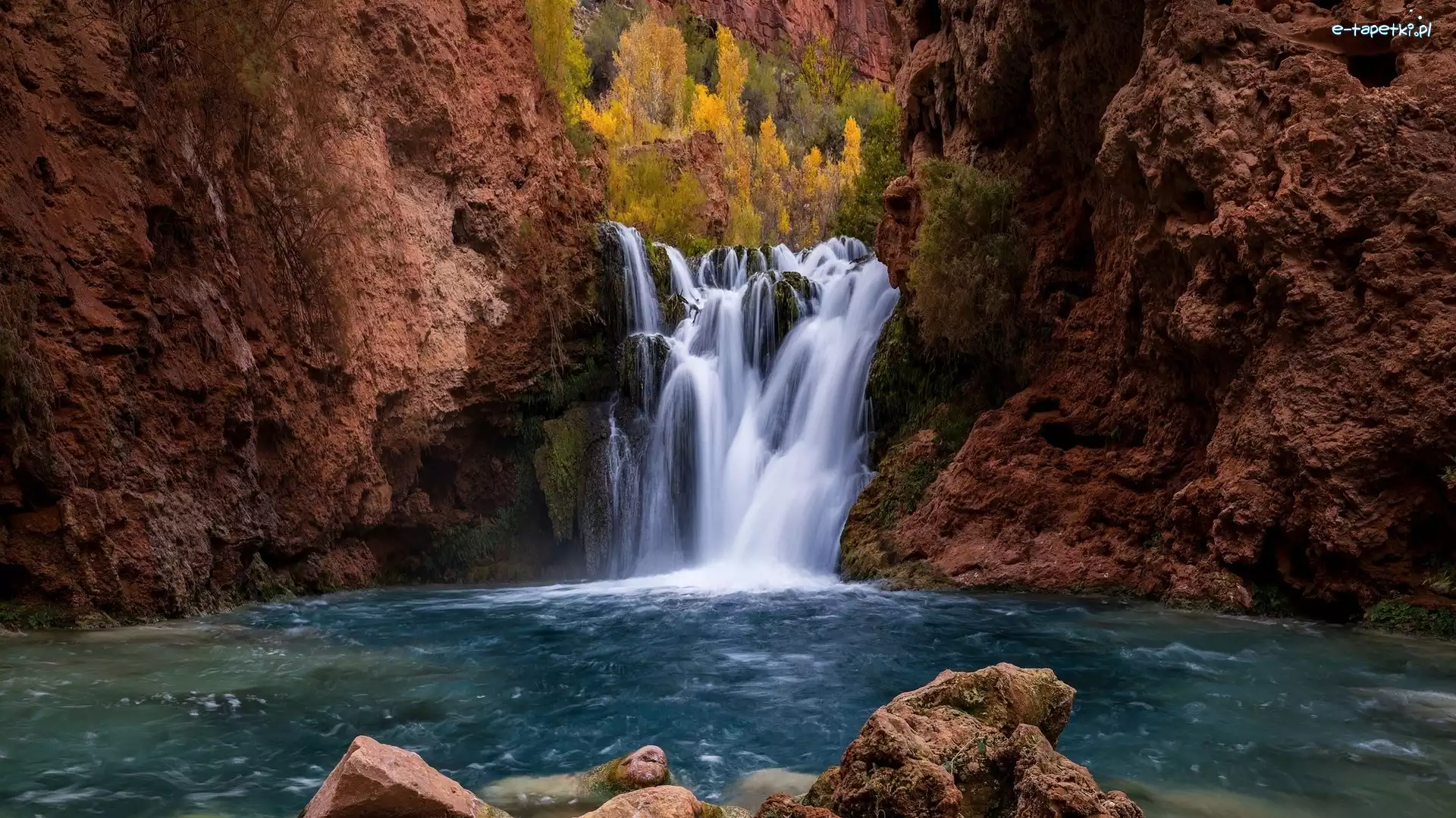 Skały, Havasupai Indian Reservation, Park Narodowy Wielkiego Kanionu, Arizona, Stany Zjednoczone, Drzewa, Rzeka, Grand Canyon, Wodospad