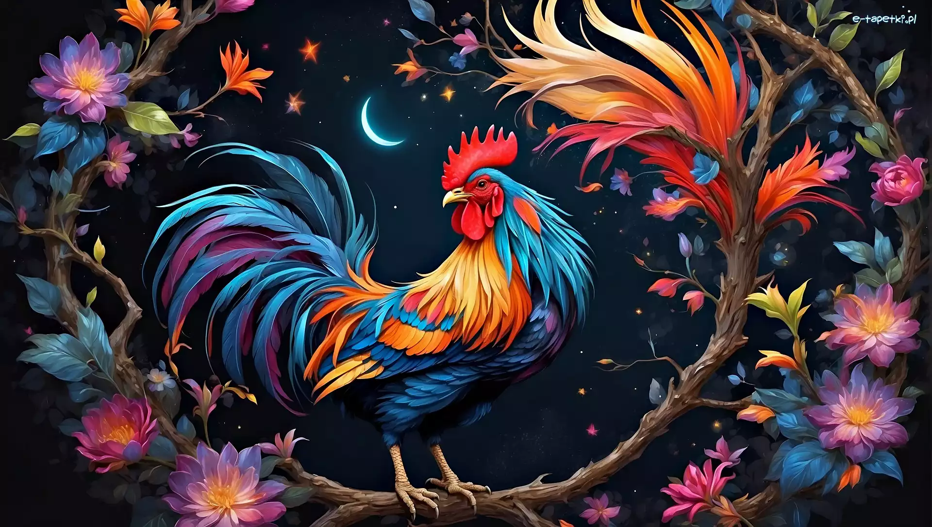Kolorowy, Grafika, Kwiaty, Kogut