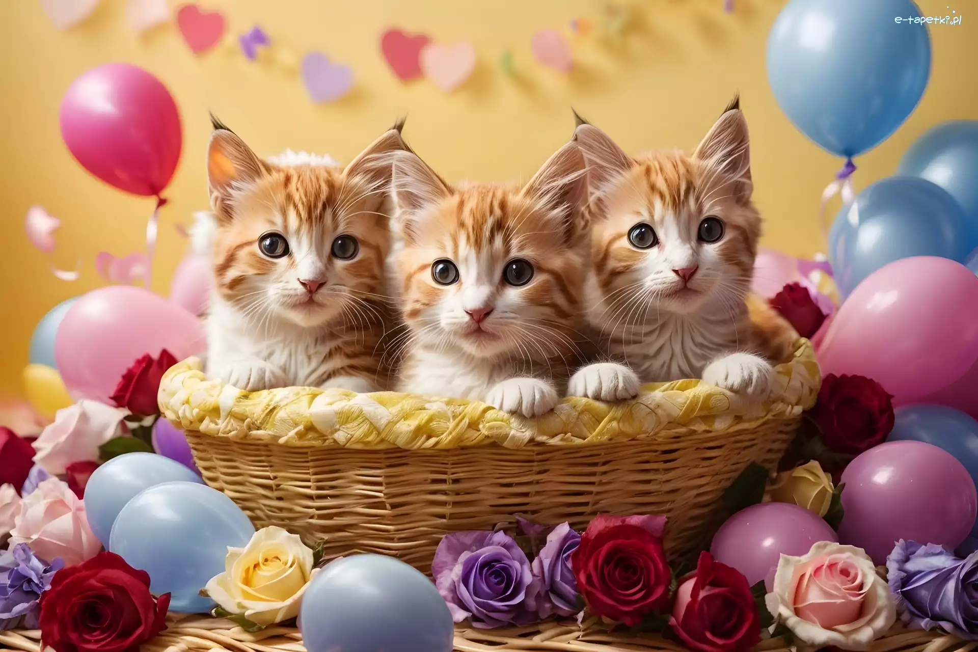 Grafika, Koty, Koszyk, Małe, Trzy, Kwiaty, Balony