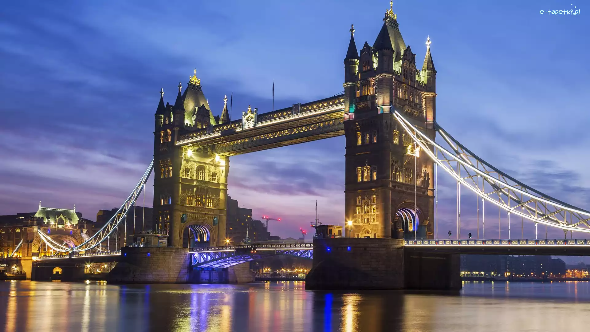 Światła, Rzeka Tamiza, Most, Londyn, Anglia, Noc, Tower Bridge