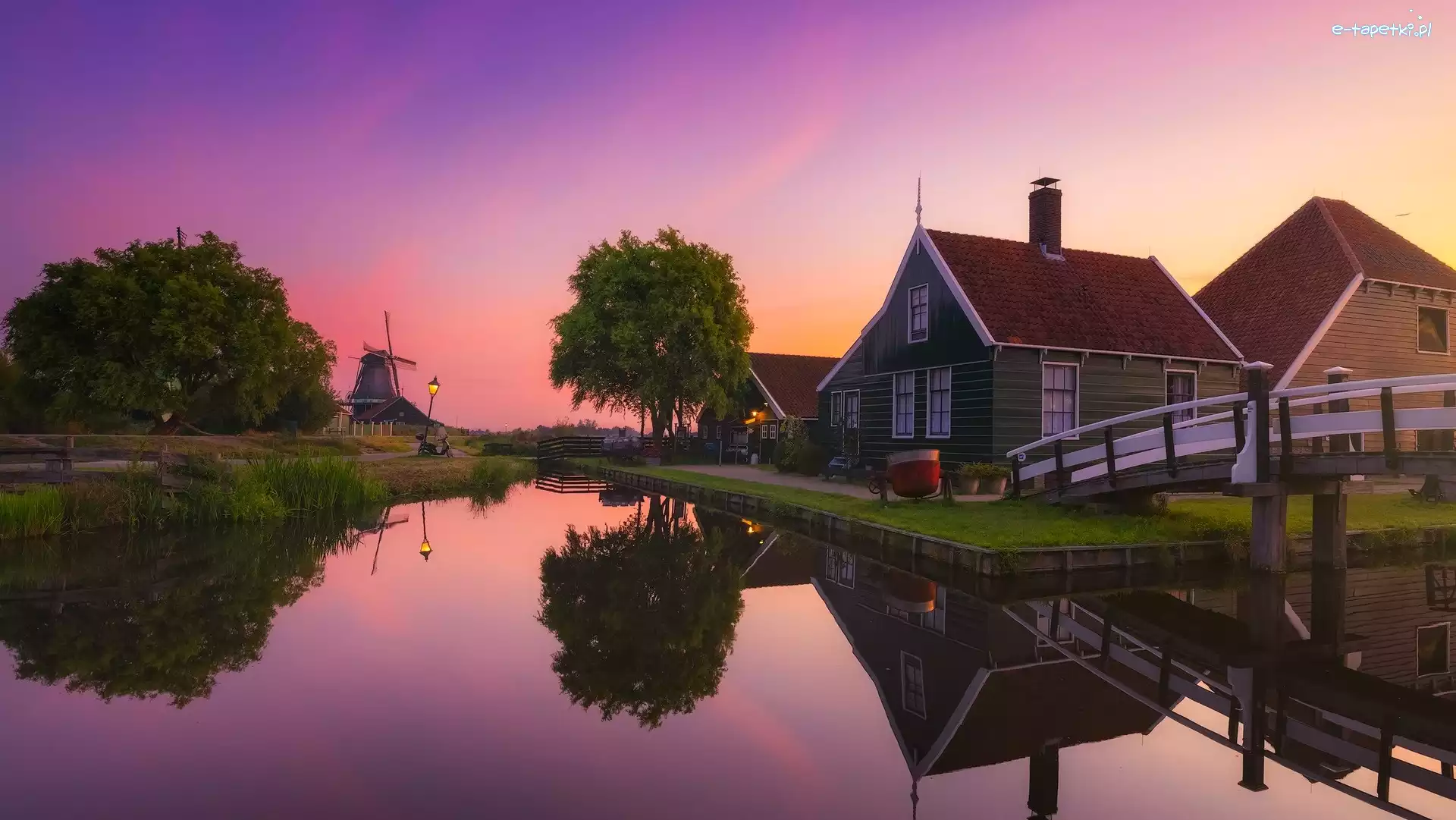 Wiatrak, Skansen, Zachód słońca, Rzeka, Zaanse Schans, Domy, Most, Holandia