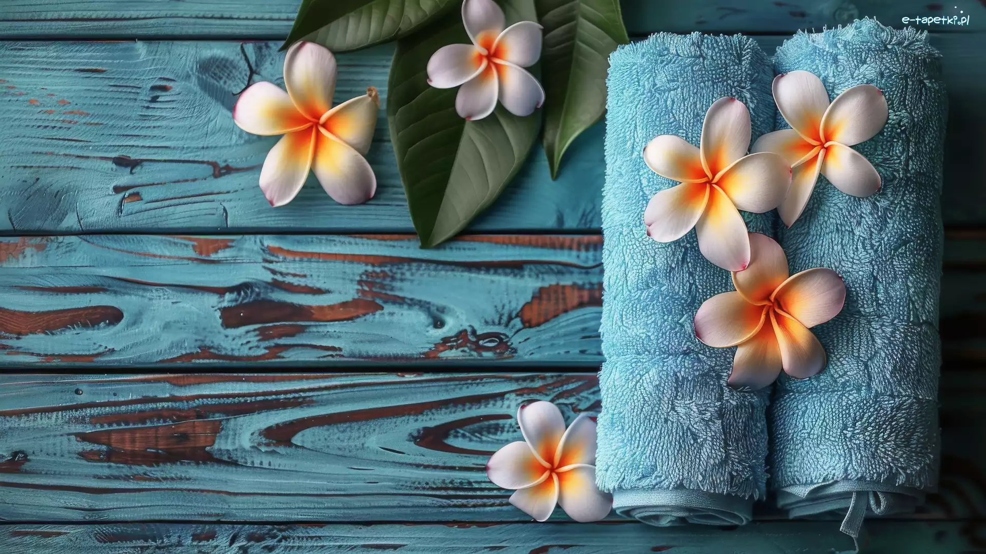 Deski, Ręczniki, Drewno, Kompozycja, Plumeria, Kwiat