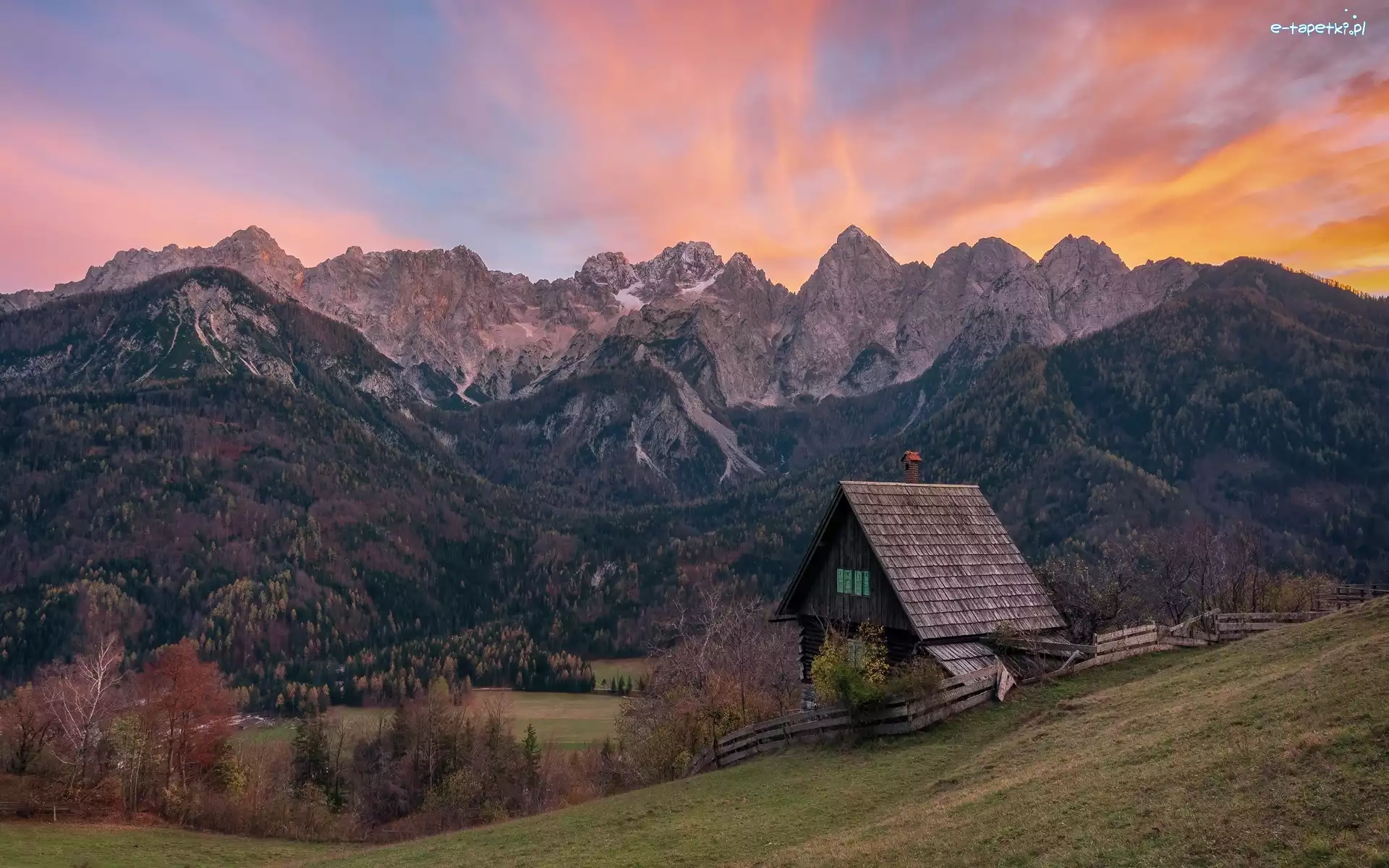 Słowenia, Las, Drzewa, Alpy Julijskie, Góry, Kranjska Gora, Dom