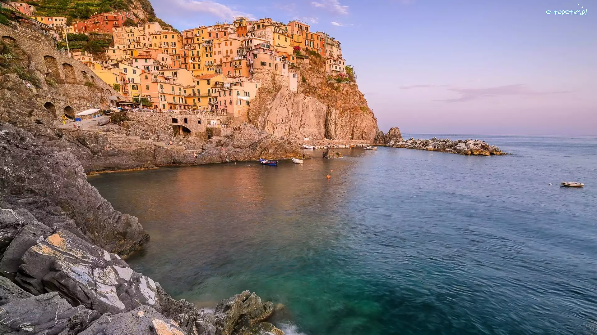 Morze Liguryjskie, Gmina Riomaggiore, Zatoka, Skały, Manarola, Cinque Terre, Domy, Włochy
