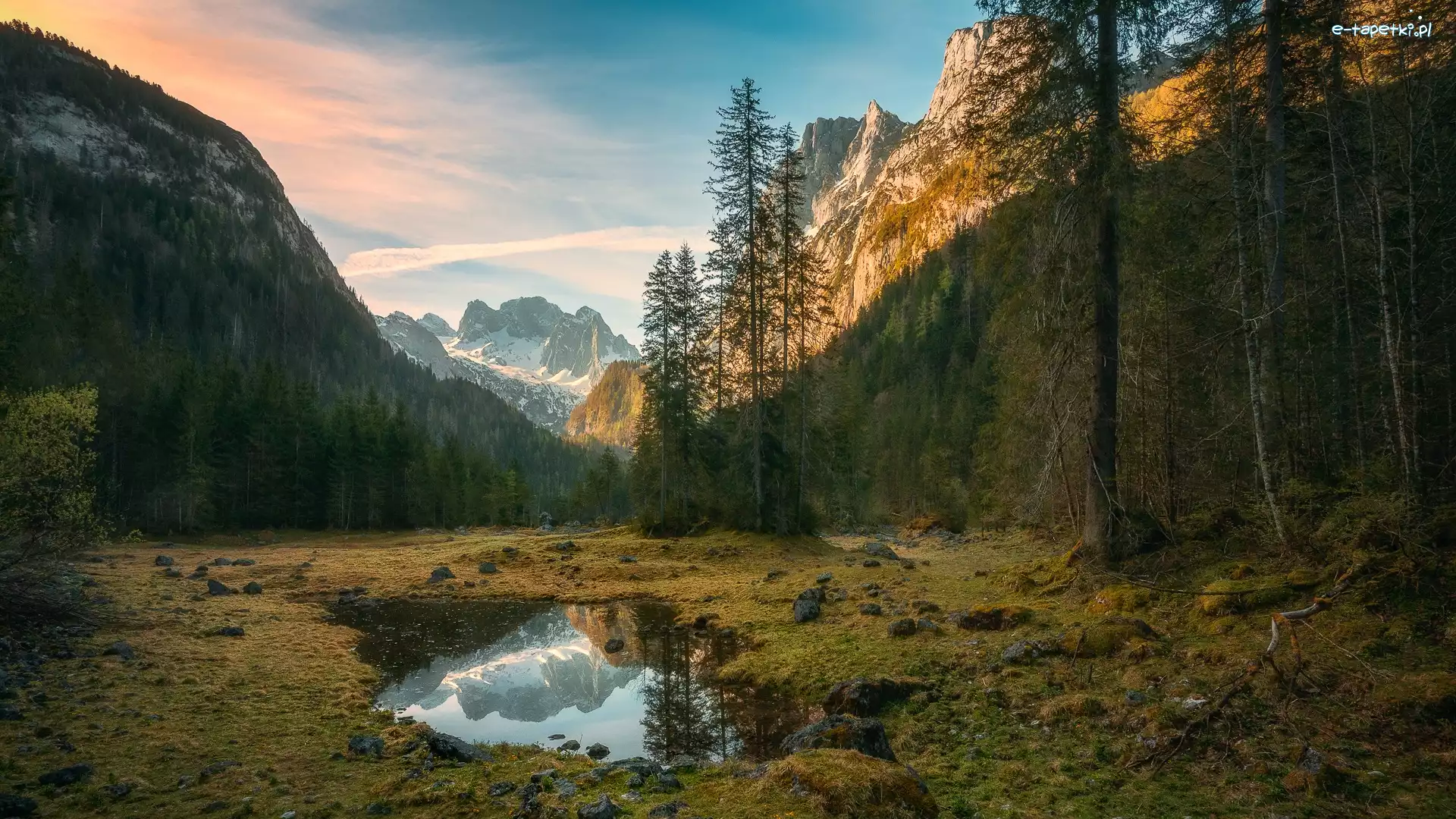 Kamienie, Drzewa, Kałuża, Wschód słońca, Las, Góry