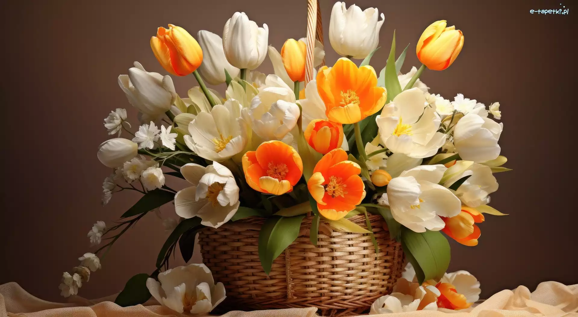 Kwiaty, Pomarańczowe, Białe, Koszyk, Tulipany