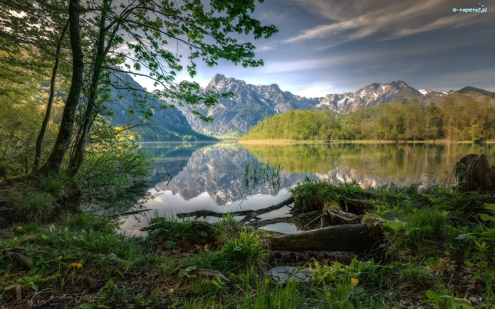 Odbicie, Góry, Jezioro, Almtal, Austria, Drzewa, Almsee