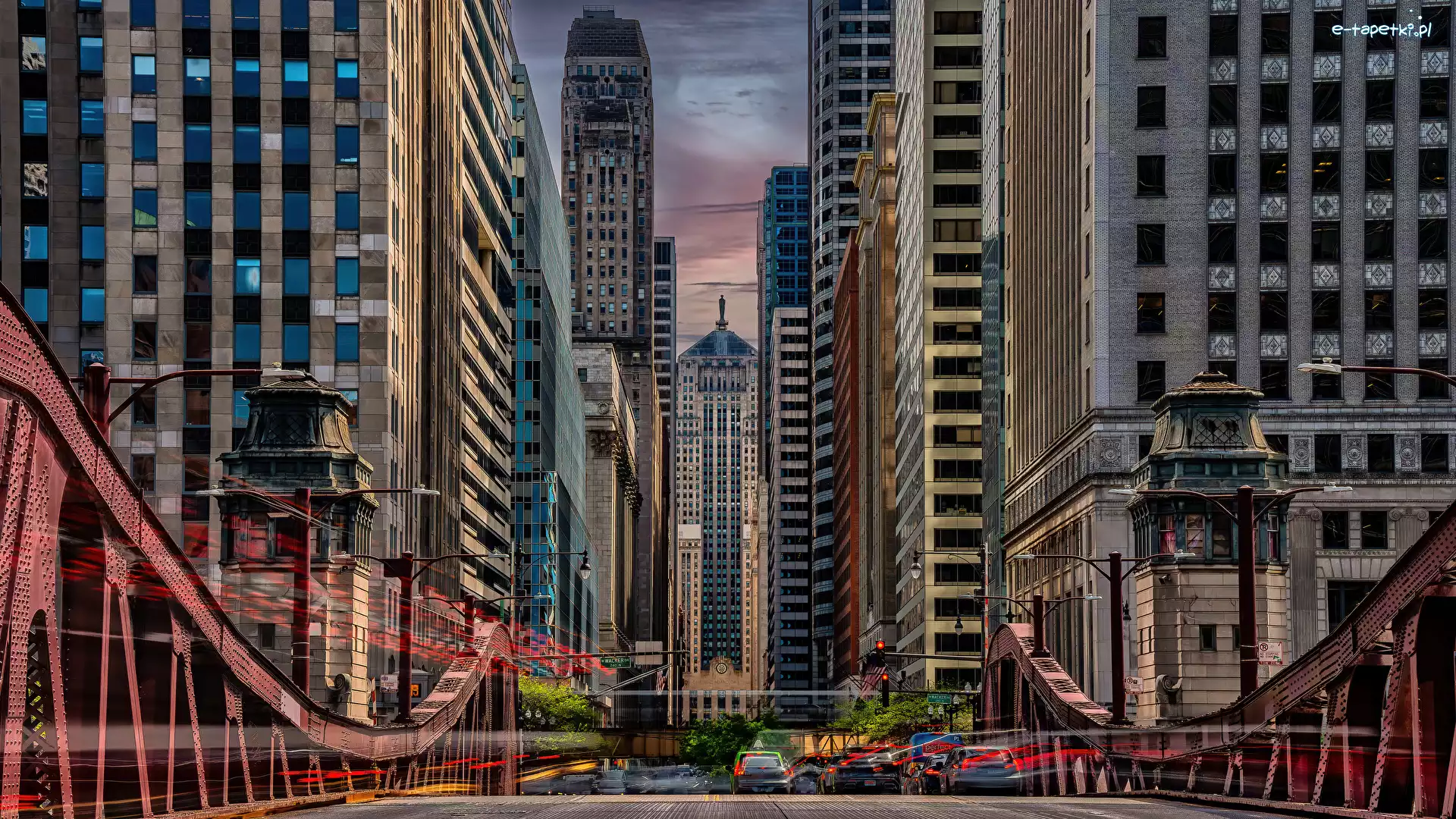 Samochody, Miasto, Wieżowce, Chicago, Stany Zjednoczone, Ulica, Domy