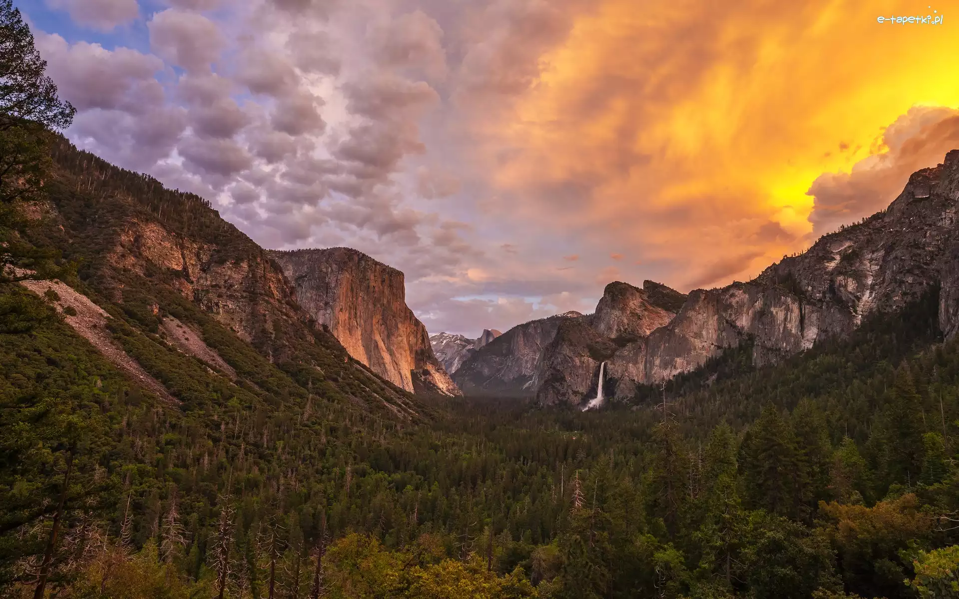 Stany Zjednoczone, Dolina, Park Narodowy Yosemite, Las, Góry, Kalifornia, Zachód słońca