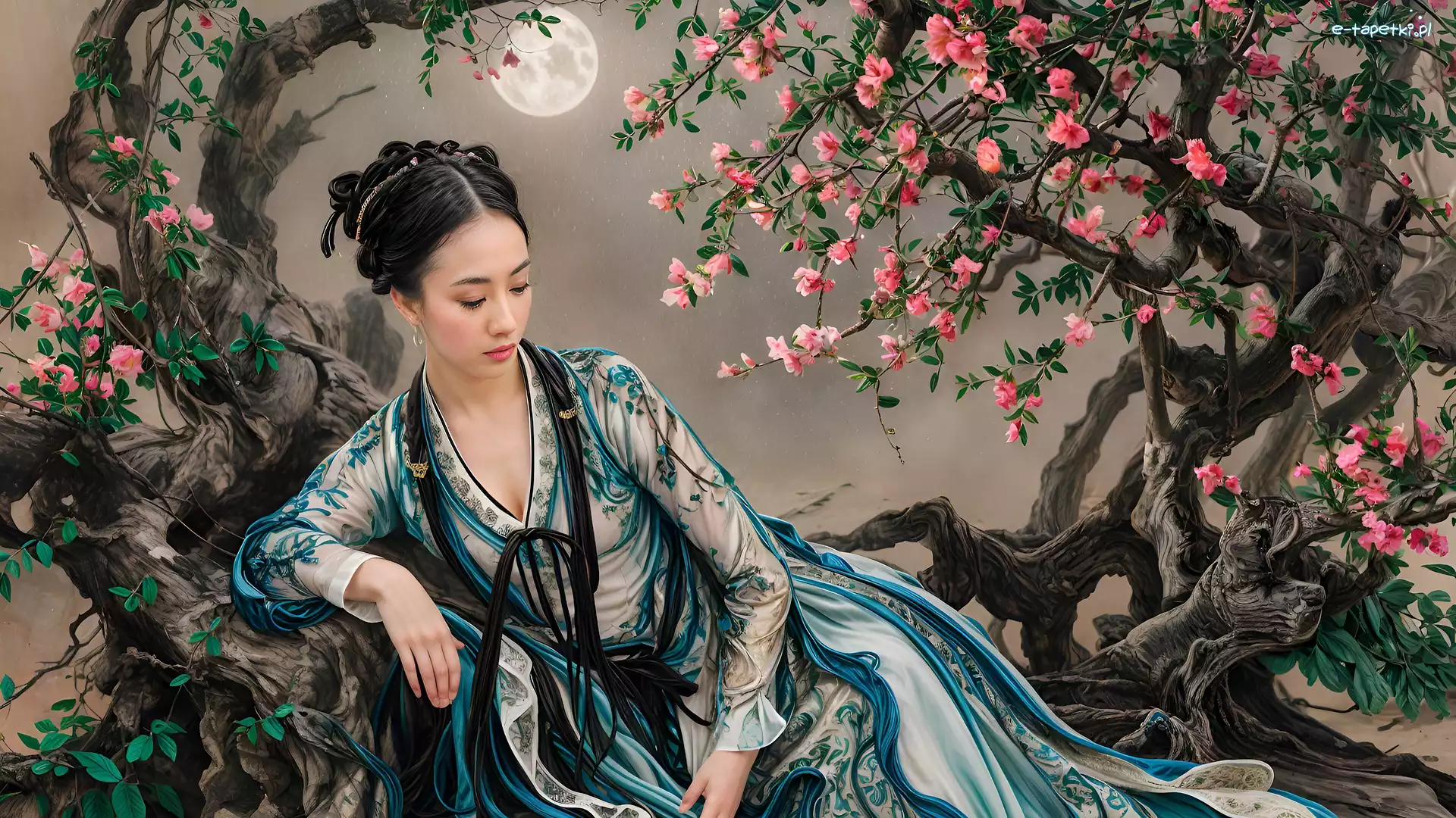 Kobieta, Hanfu, Strój, Księżyc, Drzewa