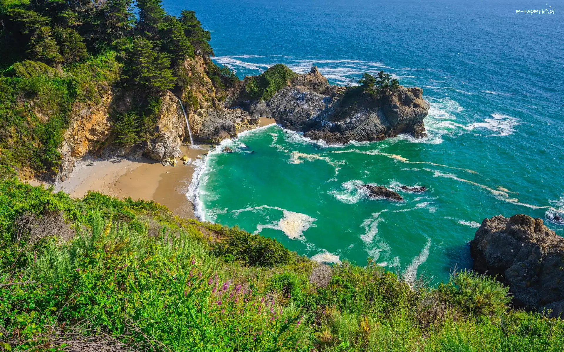Plaża, Park Stanowy Julia Pfeiffer Burns, Skały, Morze, Stany Zjednoczone, Zatoka McWay Cove, McWay Falls, Kalifornia, Wodospad, Wybrzeże Big Sur, Drzewa