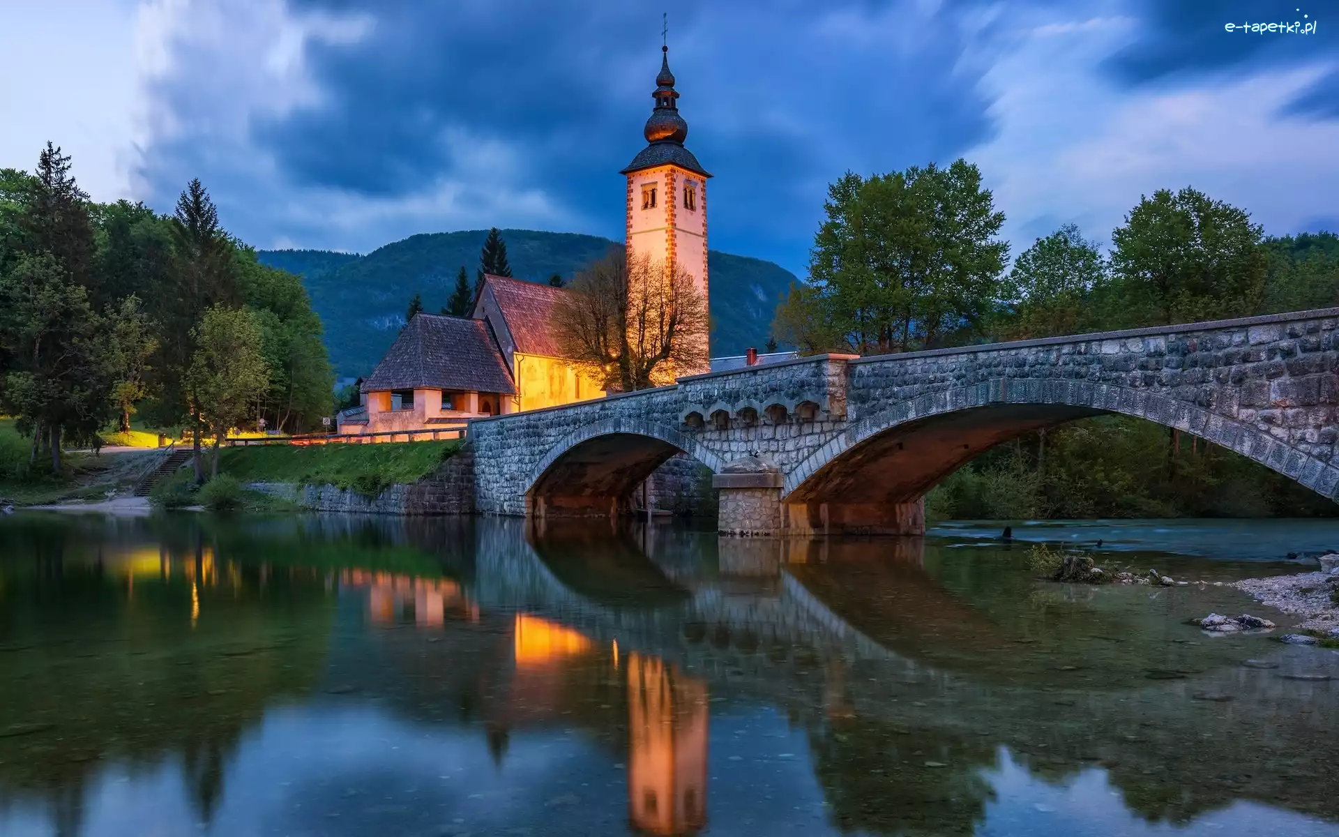 Słowenia, Kościół św Jana, Drzewa, Jezioro Bohinj, Most, Gmina Bohinj, Odbicie
