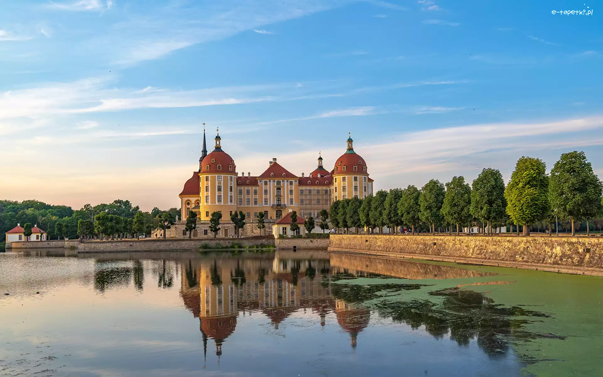 Niebo, Pałac Moritzburg, Jezioro, Saksonia, Niemcy, Drzewa, Odbicie