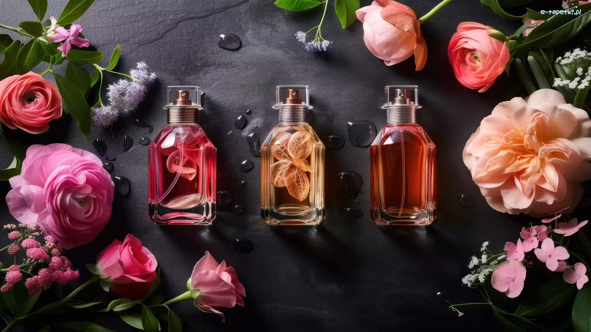 Perfumy, Kwiaty, Flakon, Tło, Ciemne