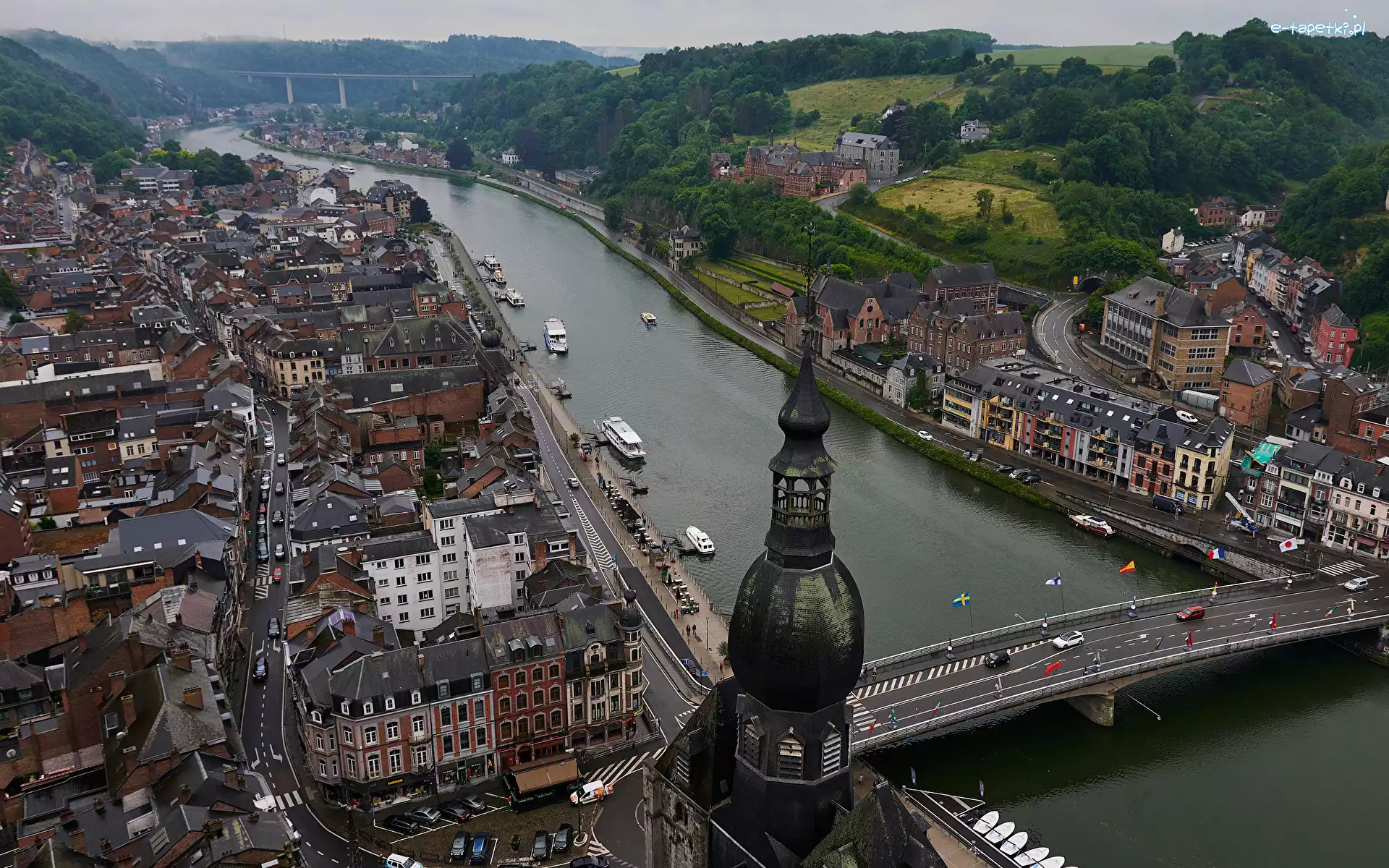 Belgia, Rzeka Moza, Dinant, Domy, Most