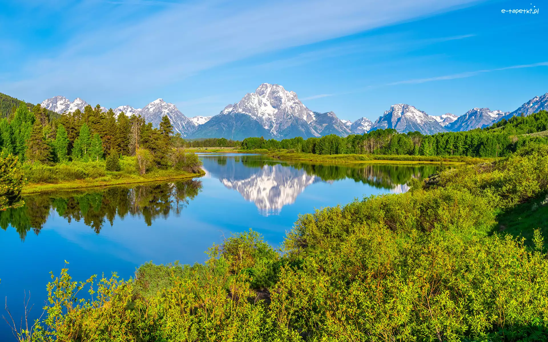 Ośnieżone, Stan Wyoming, Drzewa, Snake River, Park Narodowy Grand Teton, Góry, Rzeka, Stany Zjednoczone