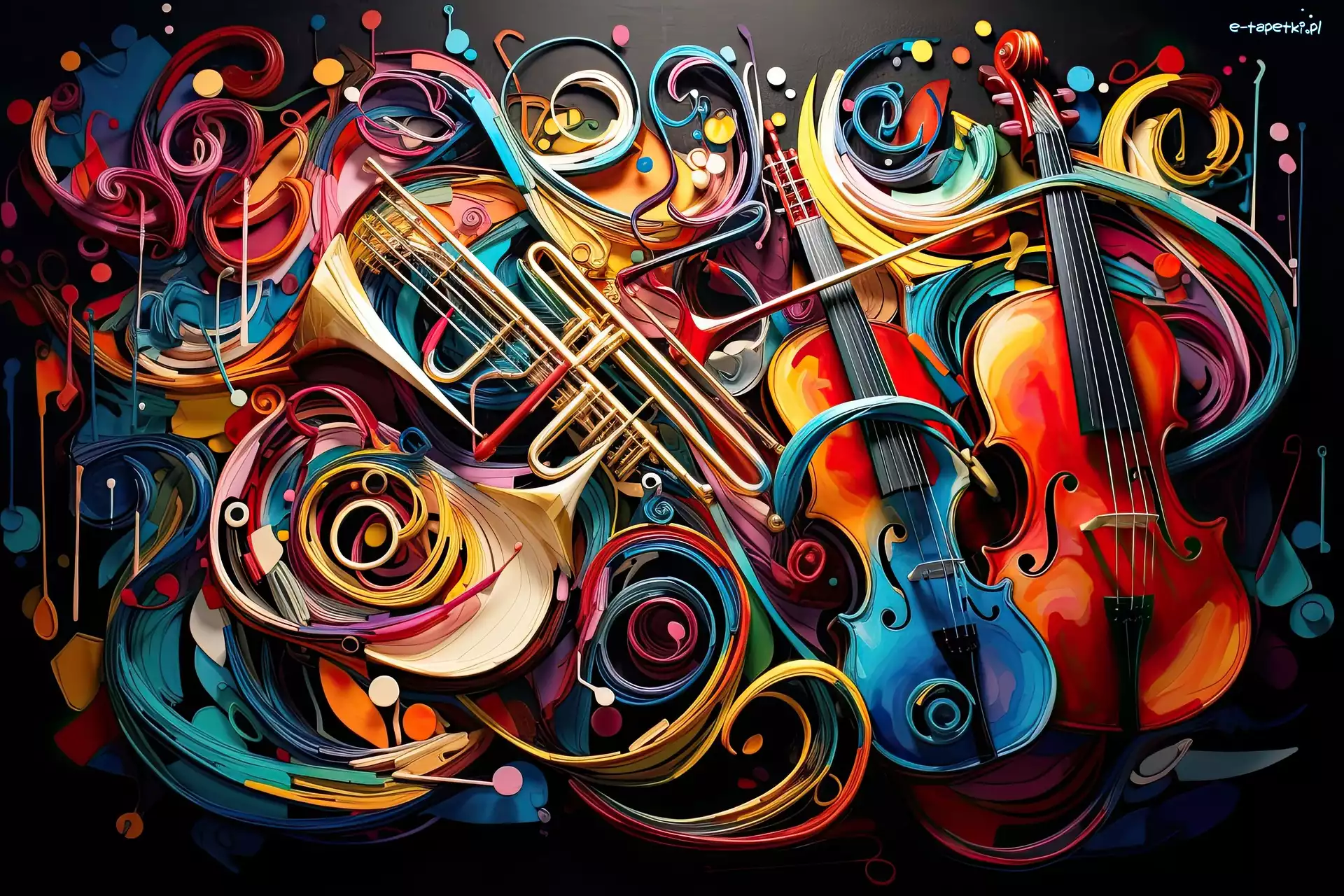 Instrumenty, Grafika, Kolorowe, Saksofon, Kontrabas