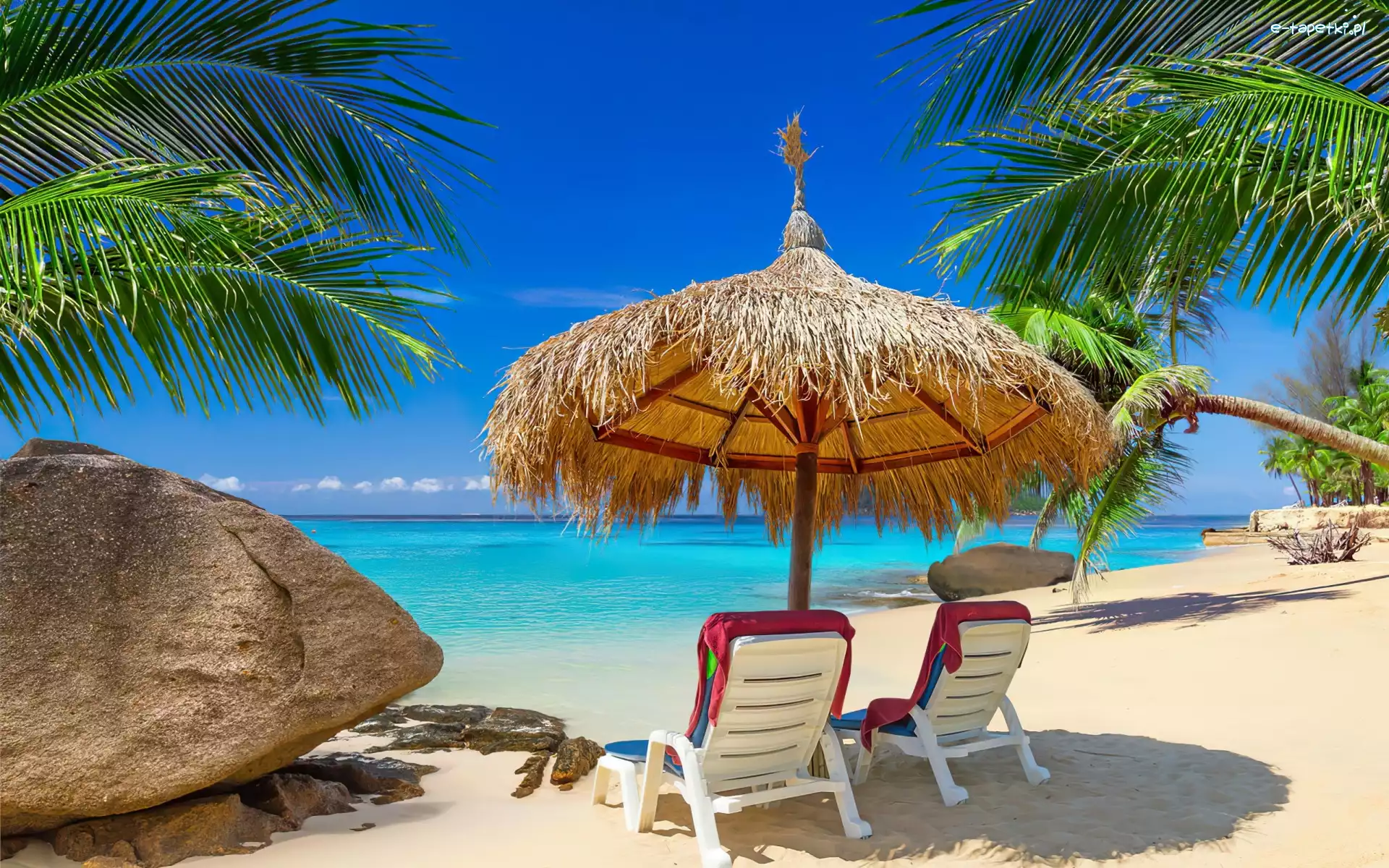 Morze, Kamień, Plaża, Palma, Leżaki
