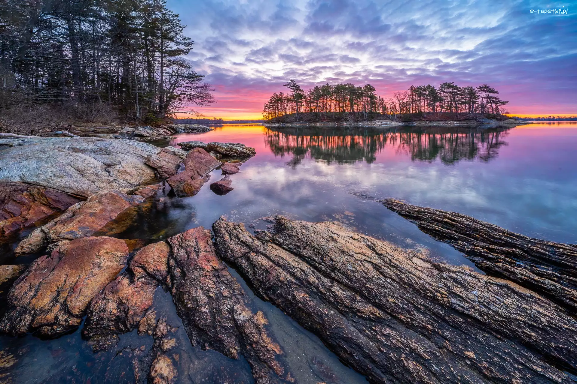 Park Stanowy Wolfes Neck Woods, Jezioro, Stany Zjednoczone, Chmury, Casco Bay, Skały, Drzewa, Wschód Słońca, Zatoka, Stan Maine